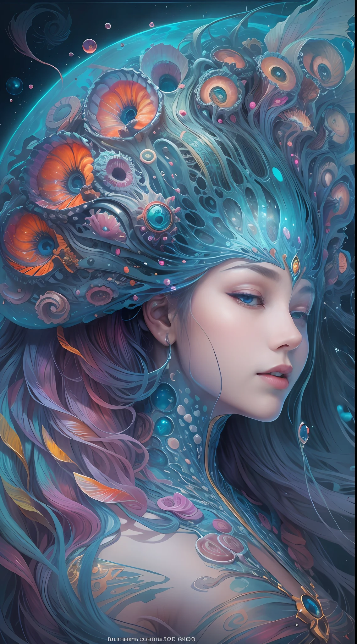 best qualtiy,tmasterpiece,超高分辨率,(photograph realistic:1.4),ultra-realistic realism,Dream-like,The beautiful blue-skinned goddess wears a phoenix peacock on her head, Nautilus, a betta fish,The creation of fantasy,Brain conch,Dream Conch,Biopunk Nautilus,Thrilling color scheme, ultra-realistic realism, abstracted, psychedelia,