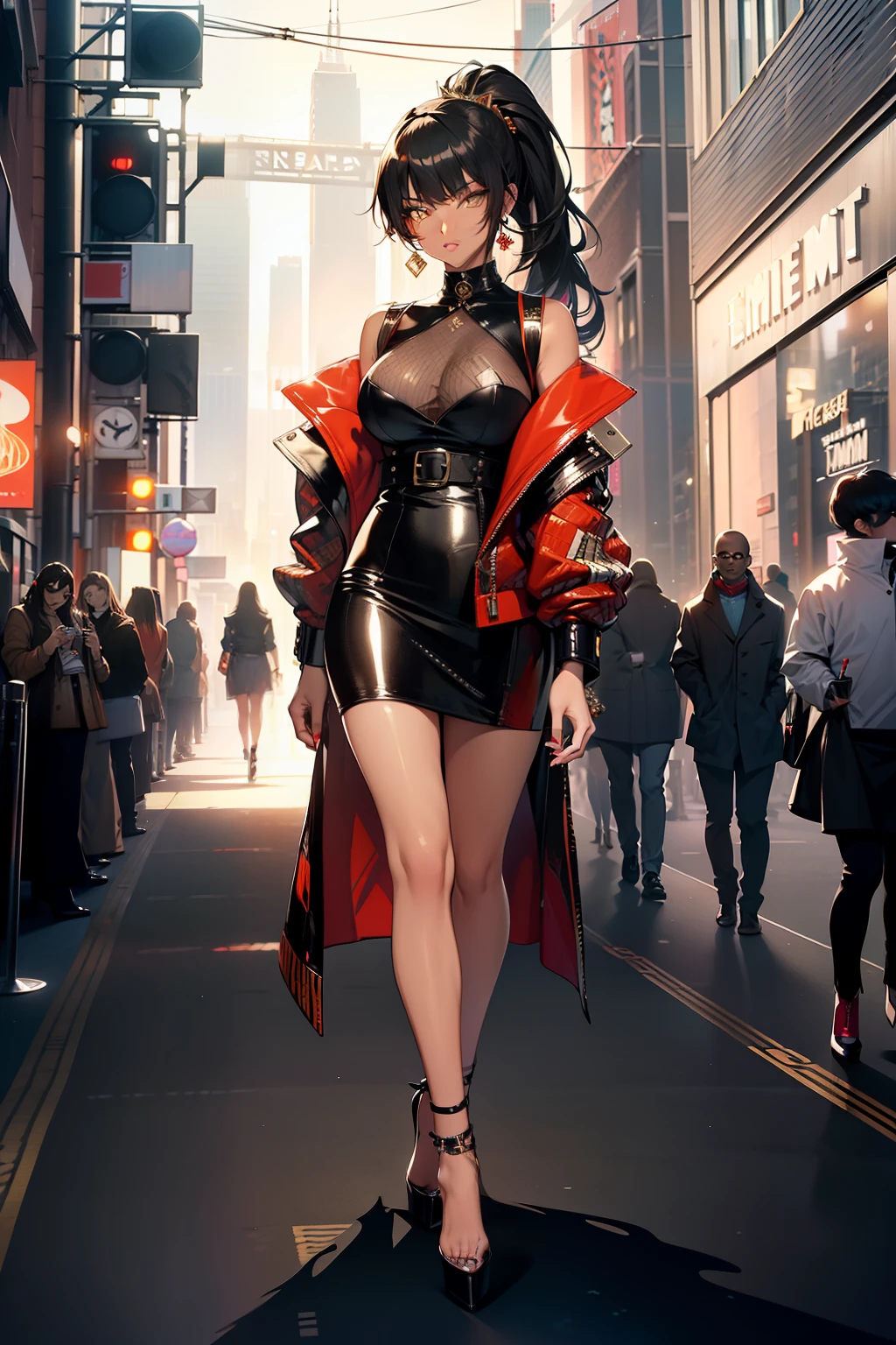 masterpiece,(bestquality),highlydetailed,ultra-detailed, modern, in a trendy street, vibrant colors, stylish, chic, high-fashion, (fashion week:1.5), (runway:1.2), (cityscape), (skyscrapers), (fashionable crowd), (luxury brands), (bold:0.8), (edgy:0.6), (streetstyle:1.2), (fashion influencers), (designer outfit), (high heels), (statement accessories), (minimalist:0.5), (monochrome:0.7), (street art:0.8), (urban fashion)), (timeless elegance), (glamorous:1.2), (red carpet:1.5), (celebrity fashion), (empire state building:1.2), (iconic landmarks), (fashion district), (nightlife), (uptown chic), (downtown cool),1girl,bishoujo,ojousama, black hair, (ponytail : 1.2), long hair, (orange accessory : 0.7), amber eyes, (beautiful girl), bangs, princess hairstyle