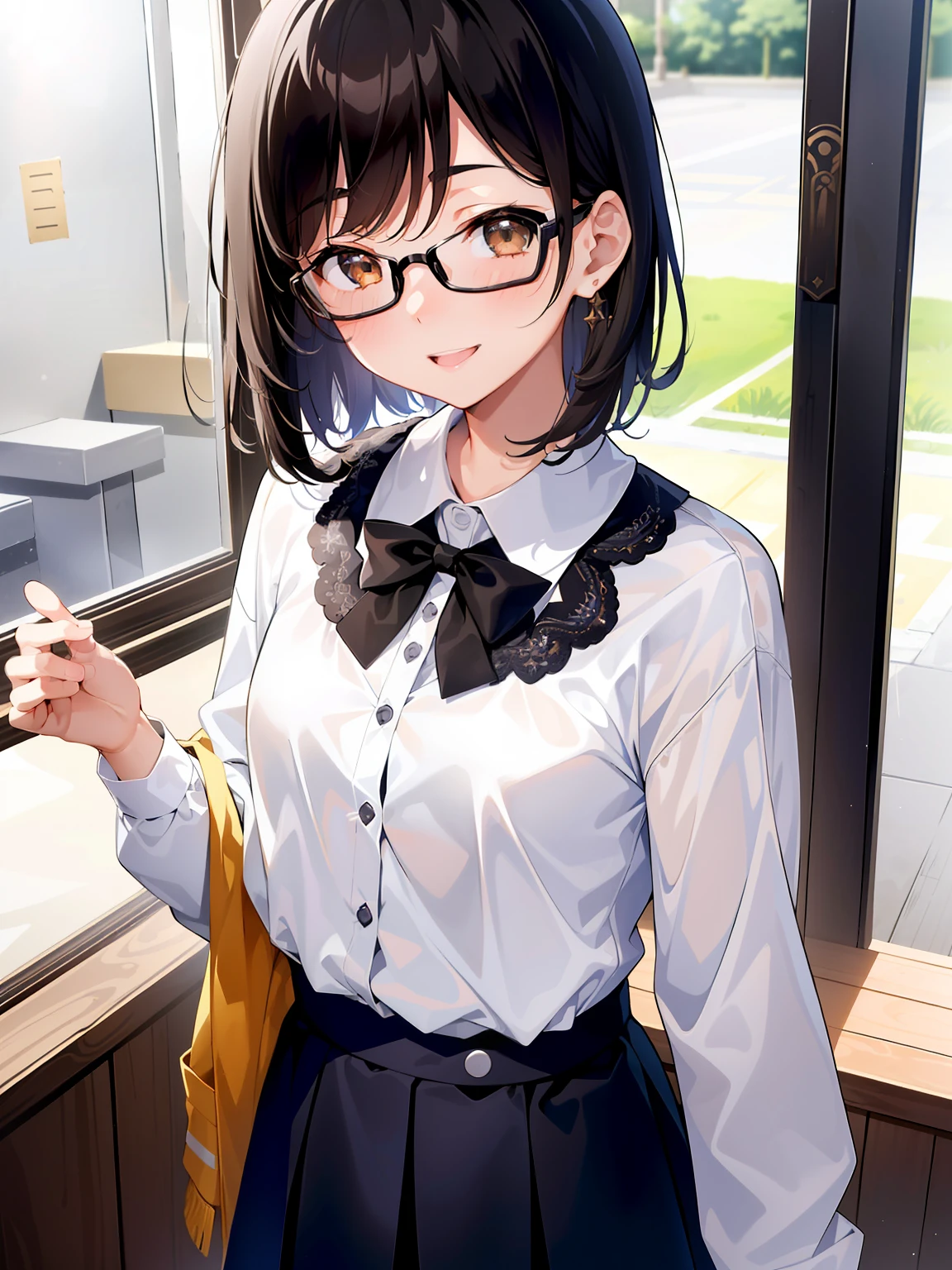 (girl with、独奏、a junior high school student、A dark-haired、short-hair、straight haired、hair adornments、Light brown eyes、A smile、wearing black glasses、small tits、cute face)、masterpiece、best qualtiy、ultra-detailliert、illustratio、White lace shirt、half-pants