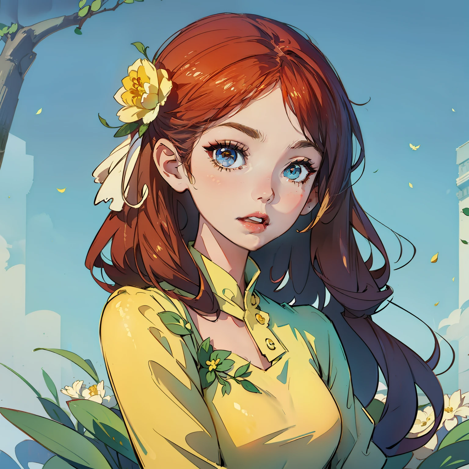 A camellia flower is worn on his head,Cute and lively,A girl who laughs infectiously,It's beautiful,Wear a simple, simple, comfortable and good-looking yellow dress