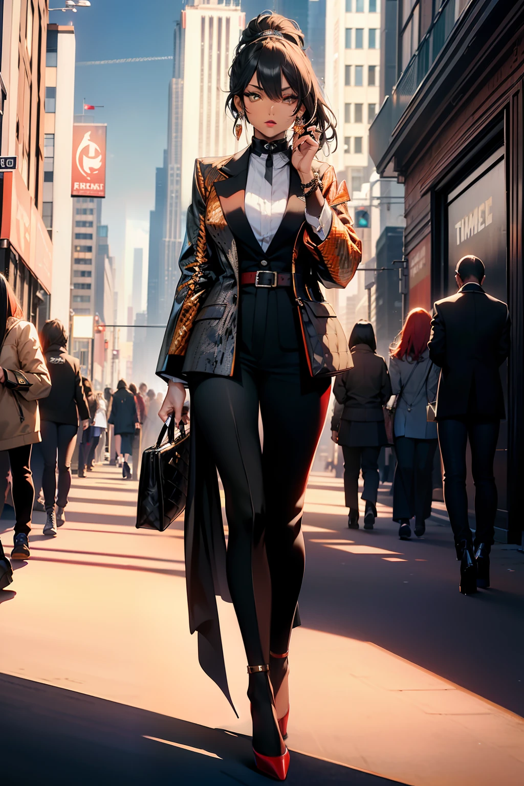 masterpiece,(bestquality),highlydetailed,ultra-detailed, modern, in a trendy street, vibrant colors, stylish, chic, high-fashion, (fashion week:1.5), (runway:1.2), (cityscape), (skyscrapers), (fashionable crowd), (luxury brands), (bold:0.8), (edgy:0.6), (streetstyle:1.2), (fashion influencers), (designer outfit), (high heels), (statement accessories), (minimalist:0.5), (monochrome:0.7), (street art:0.8), (urban fashion)), (timeless elegance), (glamorous:1.2), (red carpet:1.5), (celebrity fashion), (empire state building:1.2), (iconic landmarks), (fashion district), (nightlife), (uptown chic), (downtown cool),1girl,bishoujo,ojousama, black hair, (ponytail : 1.2), long hair, (orange accessory : 0.7), amber eyes, (beautiful girl), bangs, princess hairstyle
