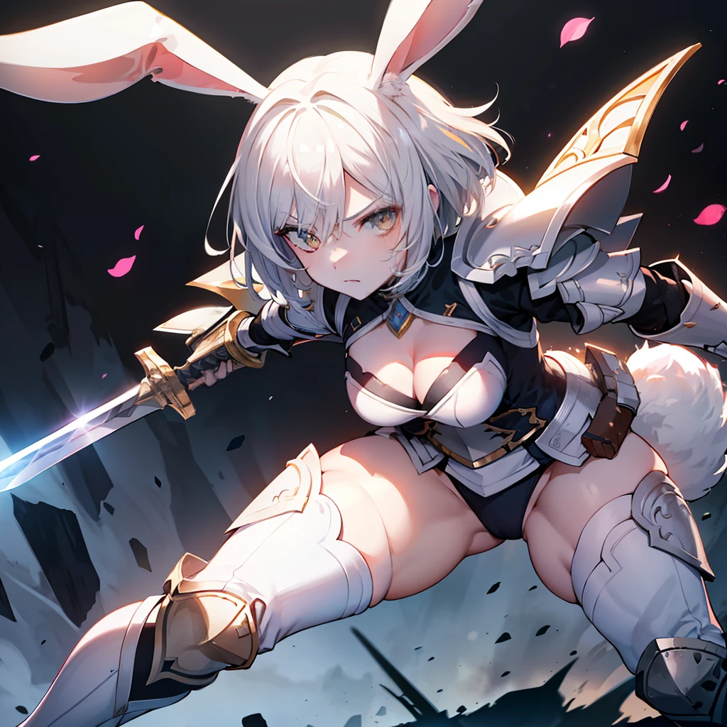 (highres, best quality), far from frame, depth of field, Adult female, (detailed, highly detailed), soft lighting, (color_contrast), short white hair, undercut hair style, brown eyes, rabbit ears, rabbit tail, fitted armor, full body armor, medium breasts, brandishing a sword: longsword, silver steel on cross guard, ornament pummel, holding hilt of the sword, (detailed hands), (detailed weapon), on a battlefield, looking fierce, looking determined, detailed eyes, cute, toned body, thick thighs, legs covered, muscular arms, surrounded by a malicious aura