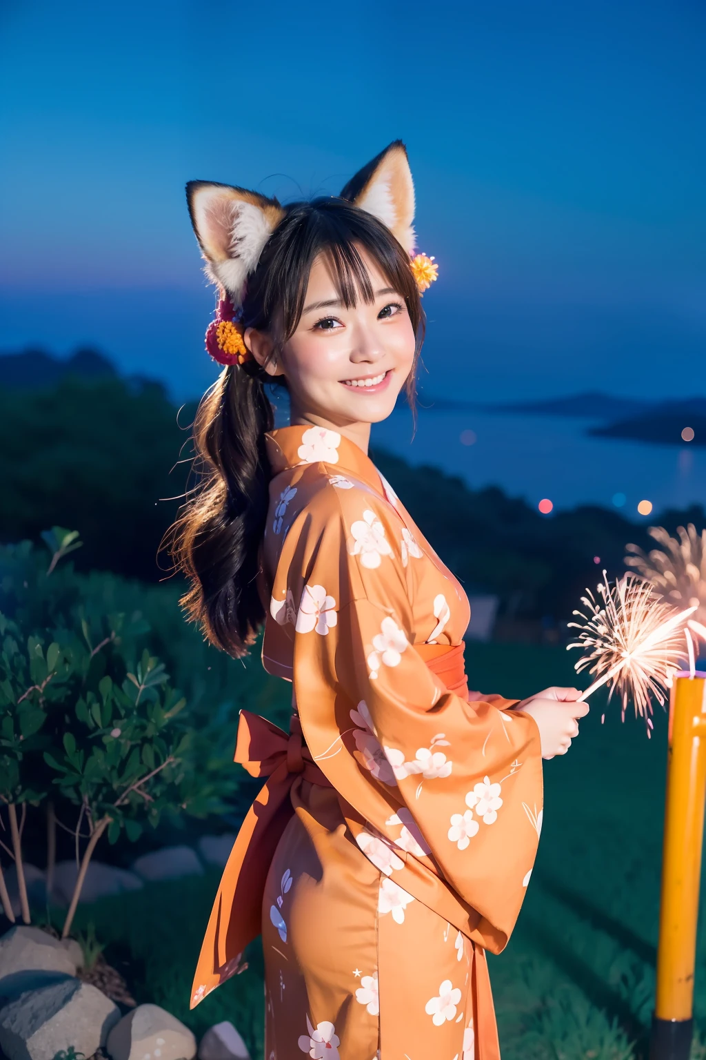 Kawaii girl, small fox ears, fox tail, wearing traditional yukata, standing on a hill, fireworks on background, night, full moon, magical sky, smiling, blushing, small girl, traditional Japanese, ultra realistic background, colorful fireworks, torii, inari statue
