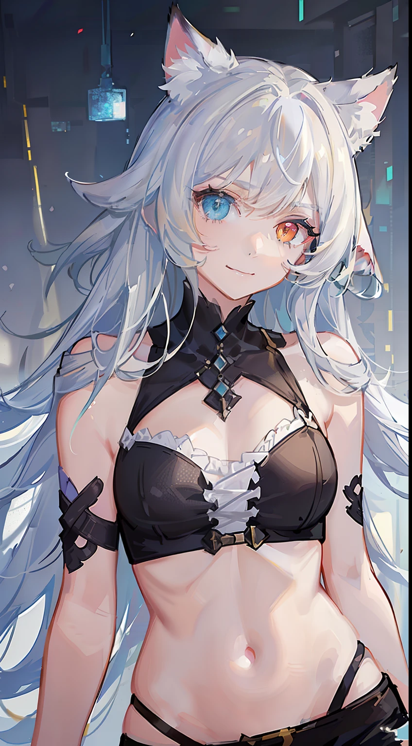 young girl, Long white hair, Cat's ears, Heterochromia, Yellow left and blue right eyes, tight turquoise top, Sleeveless, Shorts, open belly, White patterns on clothes, smirk, Daggers, Masterpiece, hiquality