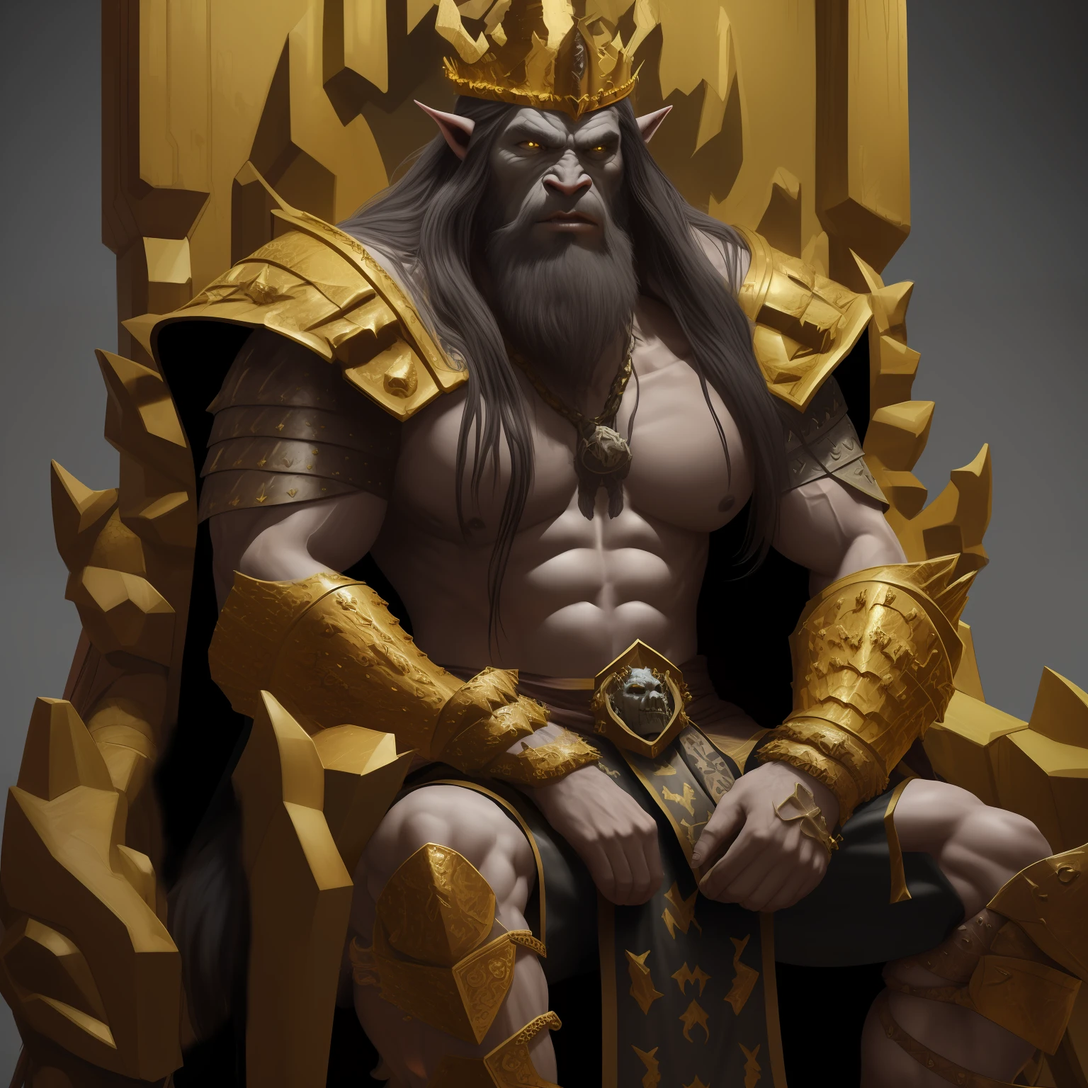male orc, long hair, beard, muscular, wearing golden crown, wearing animal leather clothing, cloak, cape gold armor adorned with animal bones, the armor covers his body, sitting on a throne made of dragon bones camp, human skulls stacked around the throne 8k, ultra realistic and detailed