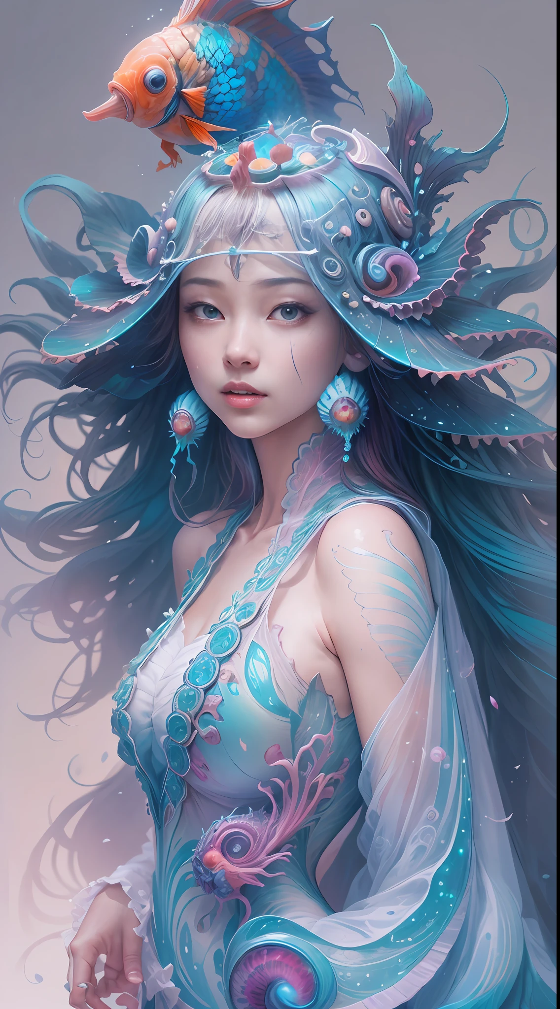 best qualtiy，tmasterpiece，超高分辨率，（photograph realistic：1.4），ultra-realistic realism，Dream-like，The beautiful blue-skinned goddess wears a phoenix peacock on her head, Nautilus, a betta fish，The creation of fantasy，Brain conch，Dream Conch，Biopunk Nautilus，Thrilling color scheme， ultra-realistic realism， abstracted， psychedelia,