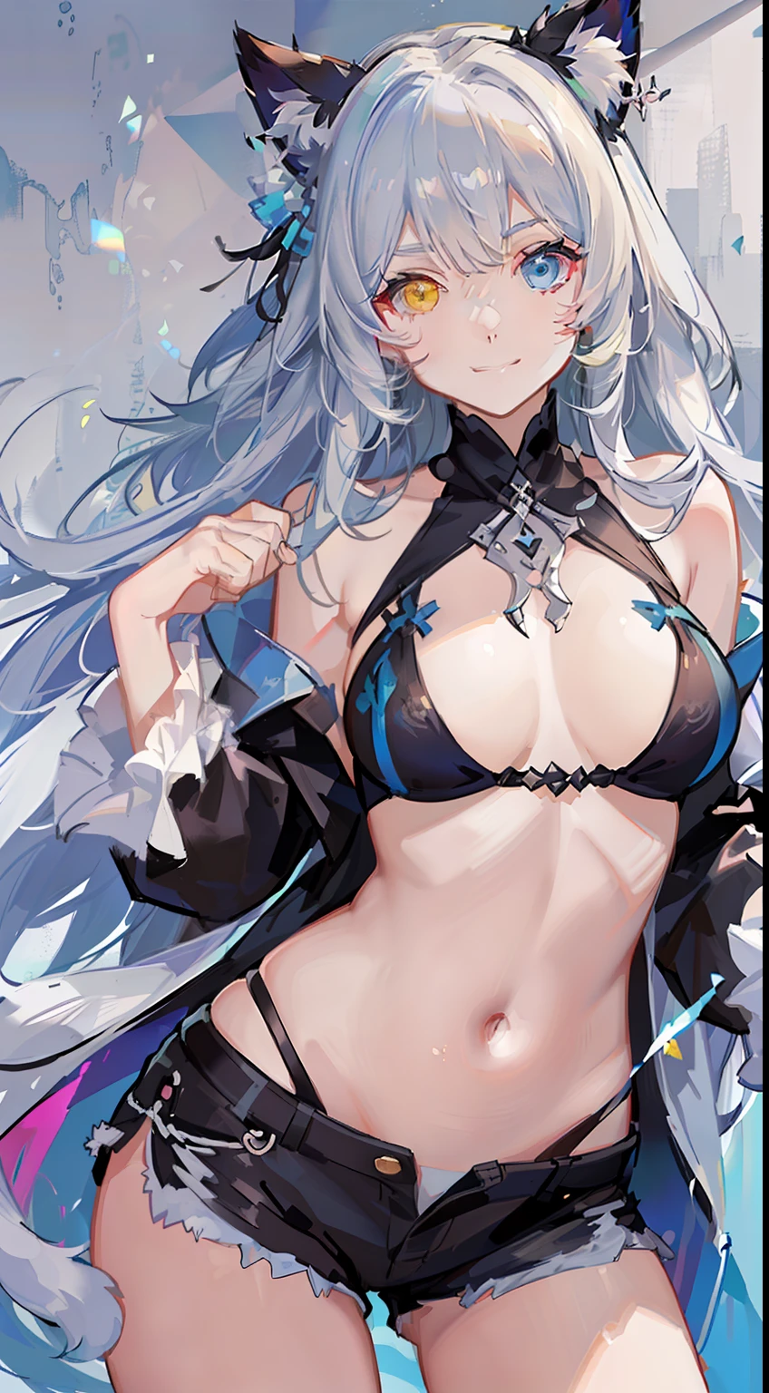 young girl, Long white hair, Cat's ears, Heterochromia, Yellow left and blue right eyes, tight turquoise top, Sleeveless, Shorts, open belly, White patterns on clothes, smirk, Daggers, Masterpiece, hiquality