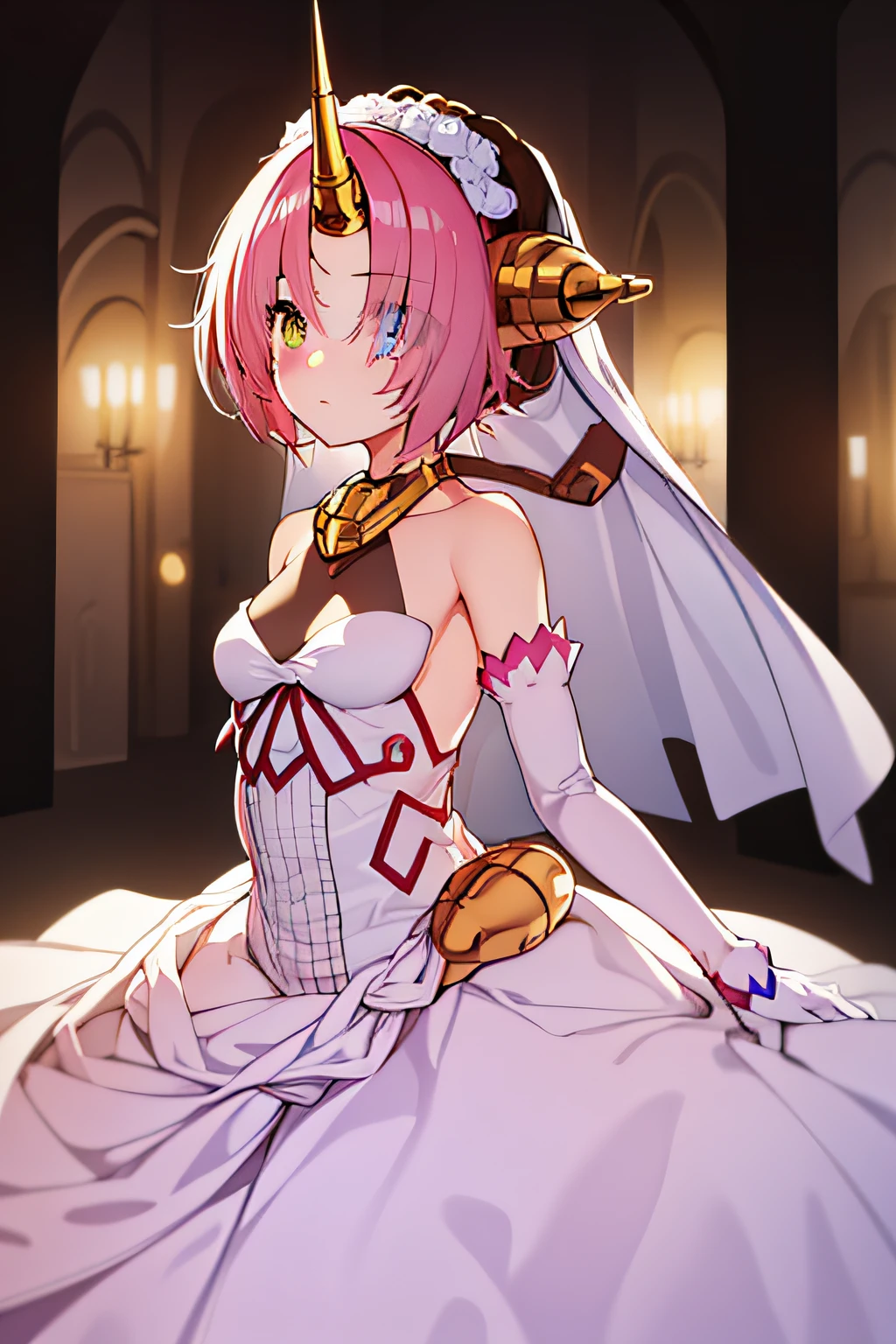 (((Best quality))), ((Ultra-detailed)), ((illustration)), ((Disheveled hair)), ((frilld)), (1 girl), (Solo),Masterpiece, Best quality, A high resolution, 1girll, (Hair_More than one eye:1.2), Heterochromia, Blue eyes, Yellow eyes, Solo, mechanical horns, light yarn, Elbow gloves, White dress, Long dress, White gloves, Short hair, Pink hair, Bare shoulders, Small breasts, Headgear,of bandeau,