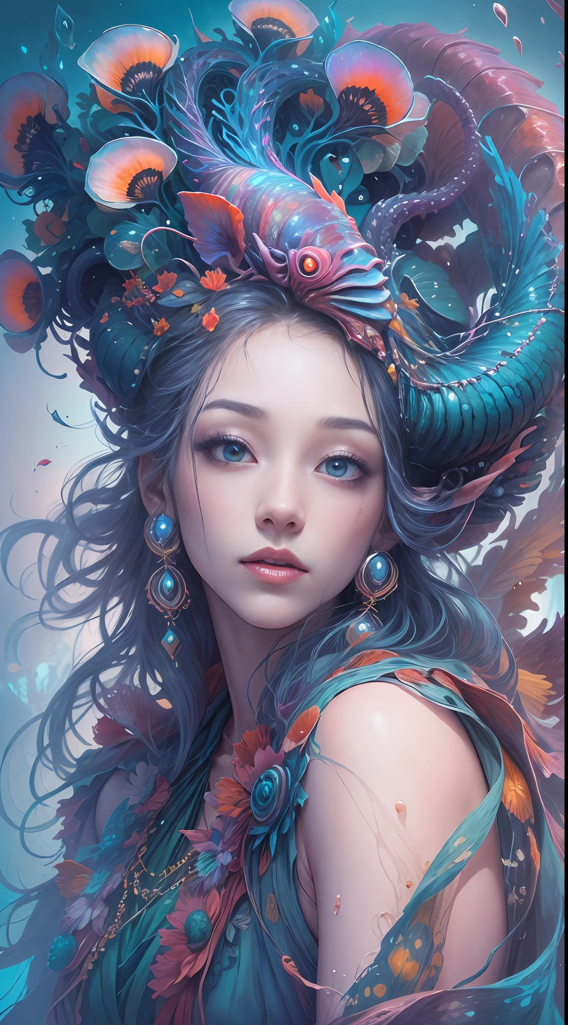 best qualtiy,tmasterpiece,超高分辨率,(photograph realistic:1.4),ultra-realistic realism,Dream-like,The beautiful blue-skinned goddess wears a phoenix peacock on her head, Nautilus, a betta fish,The creation of fantasy,Brain conch,Dream Conch,Biopunk Nautilus,Thrilling color scheme, ultra-realistic realism, abstracted, psychedelia,
