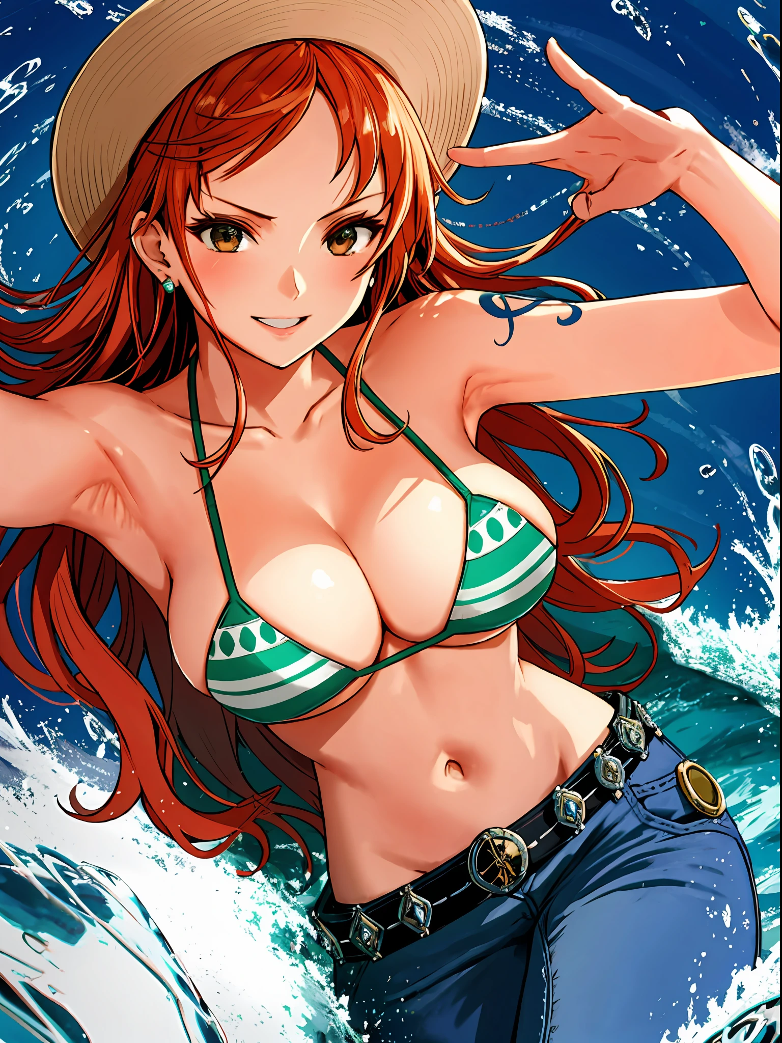 detailed background, masterpiece, 4k, epic, best quality, cheerful, late youth, adult, milf, athlete body, 1girl, active, energic, ((wide open mouth, folded legs, smile, lying on the ground, fully lying down, open eyes, hands spread sideway, jumping)) , solo, nami \(one piece\), 1girl, bangle, (very missy hair, tired, open mouth, feeling hot, tilting head, both hands spreadeagled, serious, hurt, glaring, open eyes, looking up, perfect detailed face, detailed round face) bold drawing lines, muscular arms, detailed bold body lines, flat jaw, adult woman, (wavy wide streaked bangs, floating bang, long left bangs ) (big cheeks), bare shoulders, off-shoulders, belt, bikini, bikini top only, blue sky, bracelet, springy breasts, breast lines, big round eyes, very big brown shiny eyes, bubbles, high eye position, cleavage, cloud, day, denim, earrings, floating hair, wavy hair, shiny hair, green belt, green bikini, bold groin lines, ((straw hat)), long jeans, jewelry, medium breasts, log pose, long hair, looking at viewer, long navel, wet hair, orange hair, pants, shoulder tattoo, sidelocks, sky, solo, stomach, swimsuit, tattoo, detailed left arm, big forehead, hourglass figure, small head, toned body, wide hair, wind effect, sun effect, under the sun, narrow small ears angle, older, straight shot, water splashes