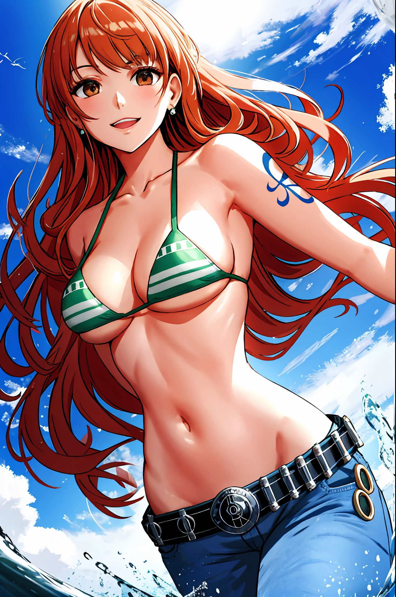 detailed background, masterpiece, 4k, epic, best quality, cheerful, late youth, adult, milf, athlete body, 1girl, active, energic, ((wide open mouth, folded legs, smile, lying on the ground, fully lying down, open eyes, hands spread sideway, jumping)) , solo, nami \(one piece\), 1girl, bangle, (very missy hair, tired, open mouth, feeling hot, tilting head, both hands spreadeagled, serious, hurt, glaring, open eyes, looking up, perfect detailed face, detailed round face) bold drawing lines, muscular arms, detailed bold body lines, flat jaw, adult woman, (wavy wide streaked bangs, floating bang, long left bangs ) (big cheeks), bare shoulders, off-shoulders, belt, bikini, bikini top only, blue sky, bracelet, springy breasts, breast lines, big round eyes, very big brown shiny eyes, bubbles, high eye position, cleavage, cloud, day, denim, earrings, floating hair, wavy hair, shiny hair, green belt, green bikini, bold groin lines, ((straw hat)), long jeans, jewelry, medium breasts, log pose, long hair, looking at viewer, long navel, wet hair, orange hair, pants, shoulder tattoo, sidelocks, sky, solo, stomach, swimsuit, tattoo, detailed left arm, big forehead, hourglass figure, small head, toned body, wide hair, wind effect, sun effect, under the sun, narrow small ears angle, older, straight shot, water splashes
