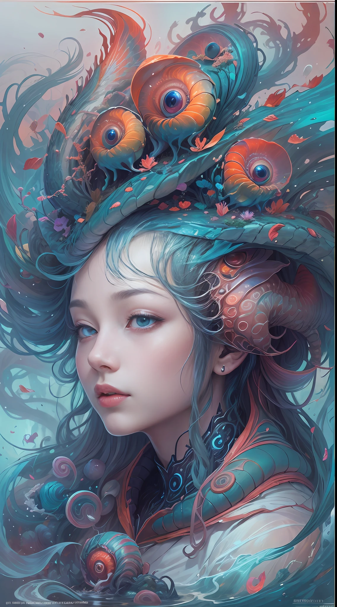 best qualtiy,tmasterpiece,超高分辨率,(photograph realistic:1.4),ultra-realistic realism,Dream-like,The beautiful blue-skinned goddess wears a phoenix peacock on her head, Nautilus, a betta fish,The creation of fantasy,Brain conch,Dream Conch,Biopunk Nautilus,Thrilling color scheme, ultra-realistic realism, abstracted, psychedelia,