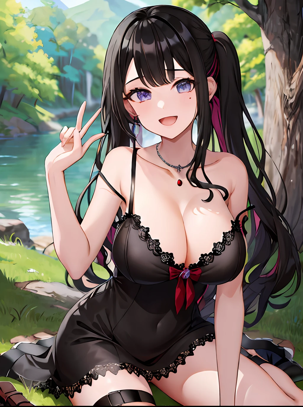 ​masterpiece, top-quality, hight resolution, HMKM1, poneyTail, Mole under the eyes, cleavage of the breast, jewely, a necklace, Hairsh, strap slip, blackdress, thigh strap, plein air, grassy, the woods, wariza, wave her hand, a smile, open open mouth,（Beautiful nipples:1.5）