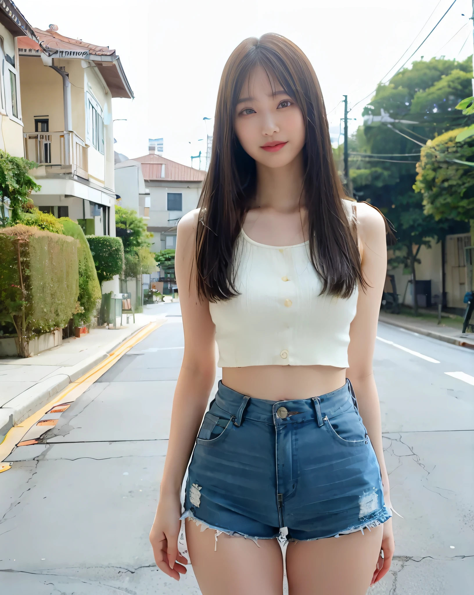 Woman Standing On Street Corner、top-quality、女の子 1 a person、middlebreasts、tag、blur backgroun、Slender Line、bokeh dof、outside of house、(Street:0.8)、(a person々、Large crowds:1)、Sleeveless knitwear、underboob、denim short pants、lowrise、natural make up、(Super long hair：1.6、straight haired:1.6)、Beautiful sky with details、耳Nipple Ring、(dynamicposes:1.2)、 (full body Esbian：1.2)、Soft lighting、the wind、glowy skin、Happy face、Sauce order、A gaze that looks at the viewer、A dark-haired、Glossy hair、sandal、Laughing、