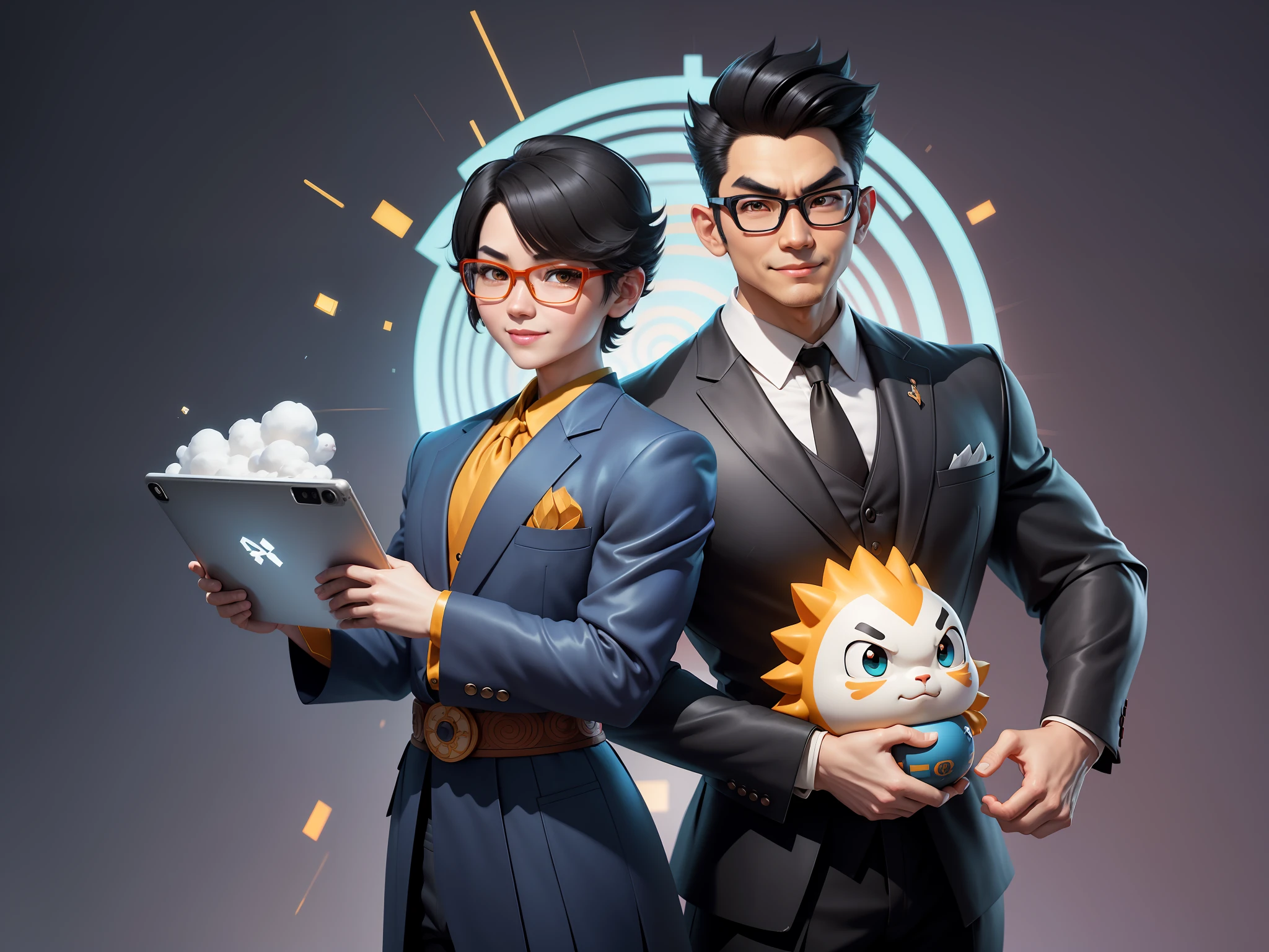 (Masterpiece), (Excellent), (Super Meticulous), (Full Body: 1.2), Super Young Man with Japanese Female Geisha, Pretty, Beautiful, Chinese Dragon, Tiger, Wind God Thor, Sexy, Bursting, Oriental Face, TV Anchor, Bust Portrait Illustration, Black Suit, Blue Tie, Slightly Chubby Face, Silver Glasses, Very Clean Face, No Beard on Chin, Black Super Short Hair, Black Eyes, Confident Smile, 3c Computer Sub-Products, iPad, iPhone, Digital Painting, 3D character design by Mark Clairedon and Pixar and Hayao Miyazaki and Akira Toriyama, the illustrations are HD illustrations in 4K resolution with highly detailed facial features and cartoon-style visuals.