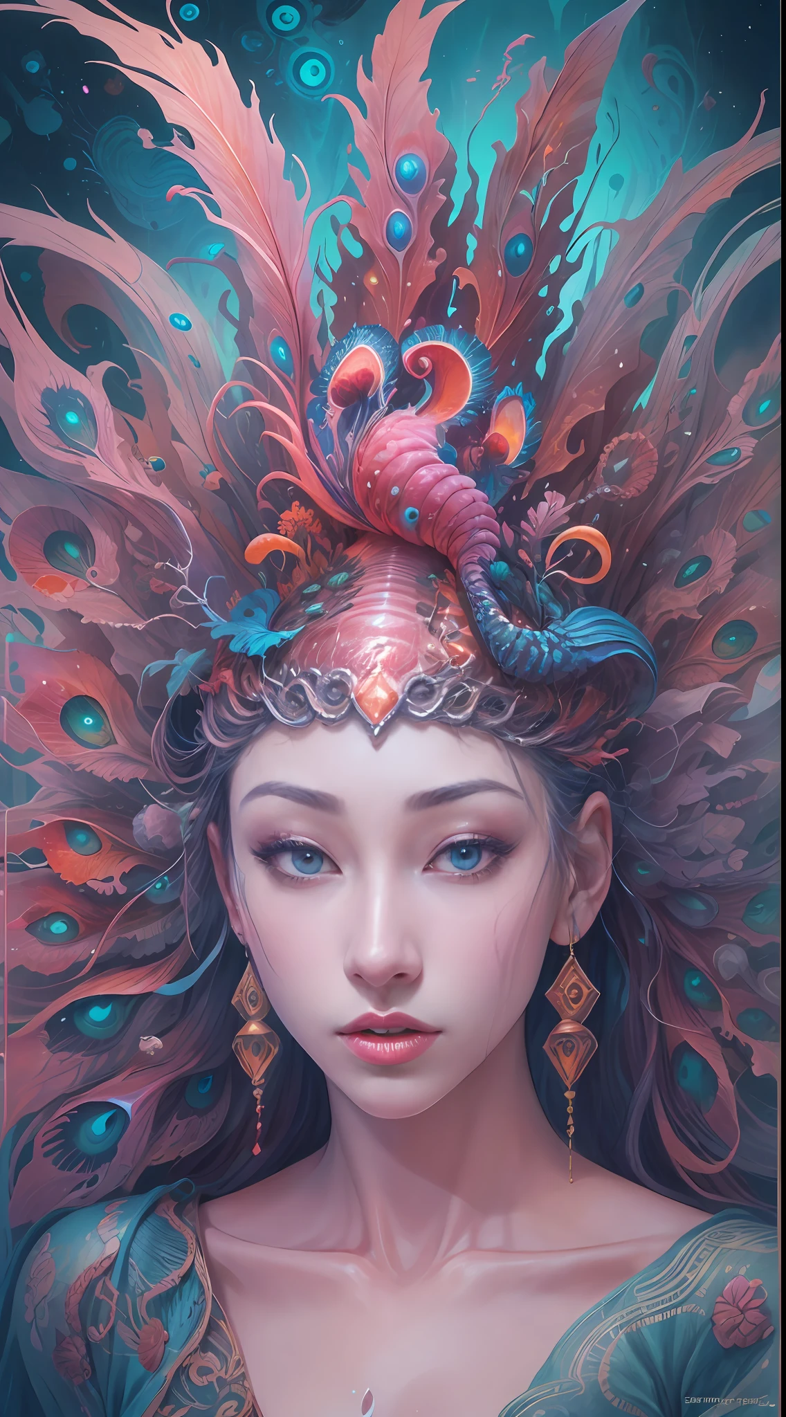 best qualtiy,tmasterpiece,超高分辨率,(photograph realistic:1.4),ultra-realistic realism,Dream-like,The beautiful blue-skinned goddess wears a phoenix peacock on her head, Nautilus, a betta fish,The creation of fantasy,Brain conch,Dream Conch,Biopunk Nautilus,Thrilling color scheme, ultra-realistic realism, abstracted, psychedelia,