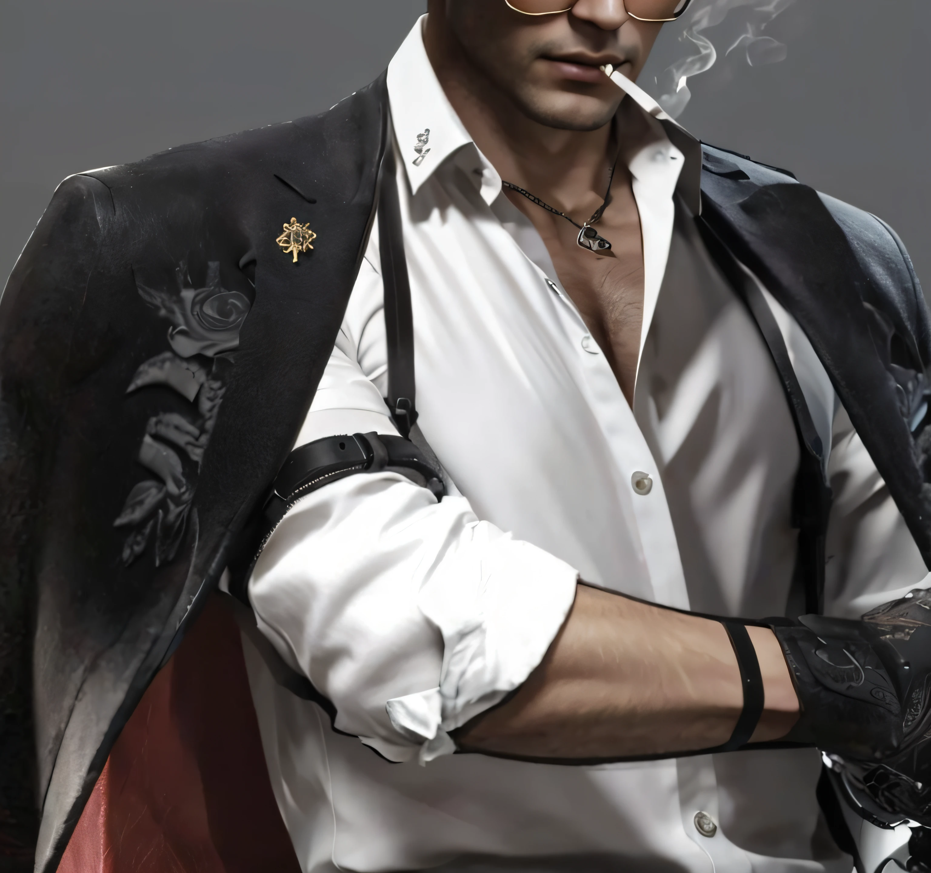 there was a man wearing a white shirt, There are black belts on the shoulders and arms,,extreme hight detail, hyper realistic detailed, full body shot hyperdetailed, realistic sharp details, high detail whide shot, hyper realistic detailed, hyper realistic detailed, Leather pants, leather pants with a belt, albert wesker full body portrait, High detail skin, Photorealistic detail, very detailed and rich clothing