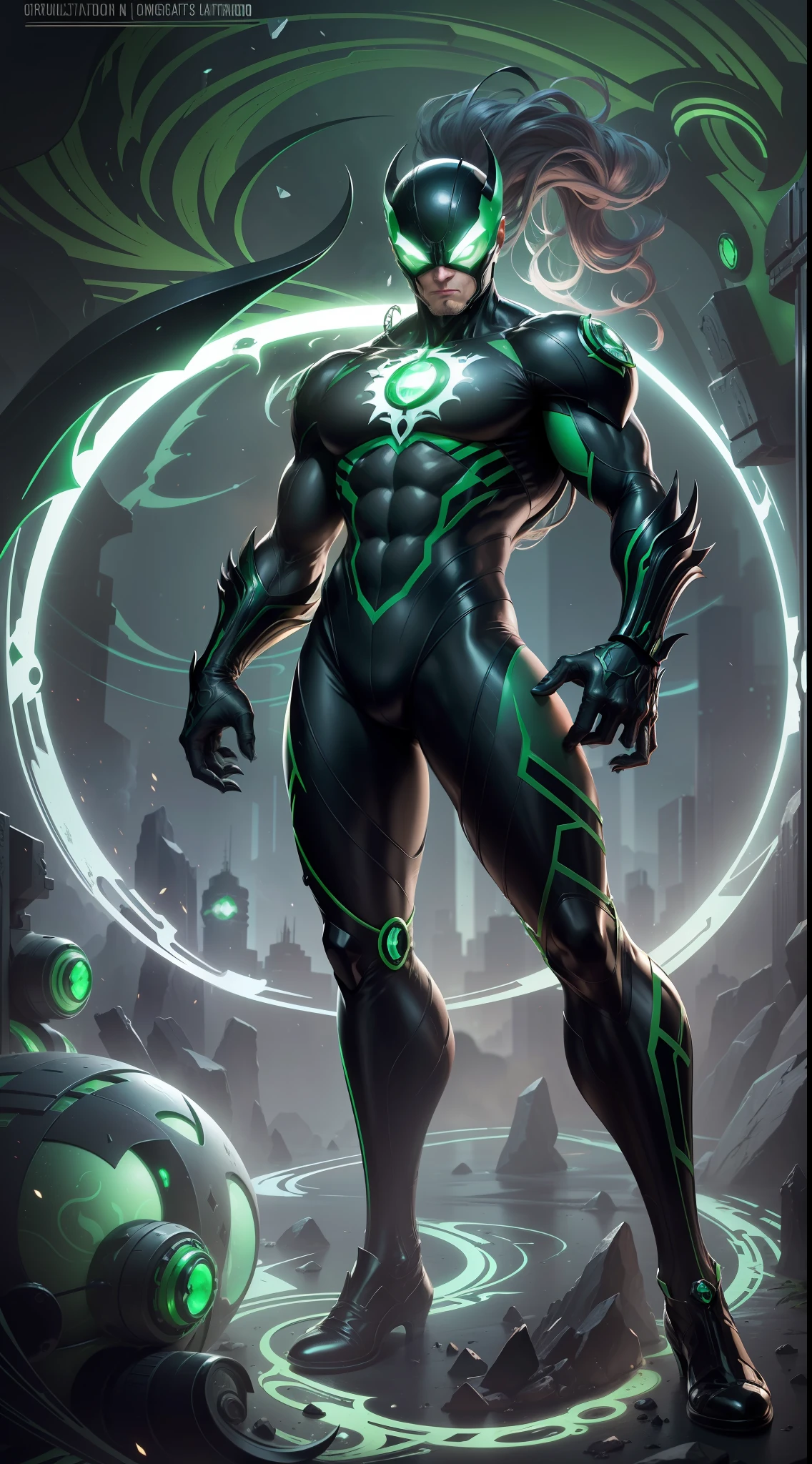 ((obra maestra impresionante)), (Ultra resolution 8K), Striking illustration of Venom symbiote fused with green lantern Hal Jordan, poderosa mezcla, Green Lantern and Venom Epica Original Combination, linterna verde vestido del simbionte Venom, ring that shapes symbiotic energy, obra maestra sin antecedentes,Traje Cyberpunk,Symbiotic wings, ring symbiotic weapons Hetera Illustration, dark ilumination, Spectral illumination