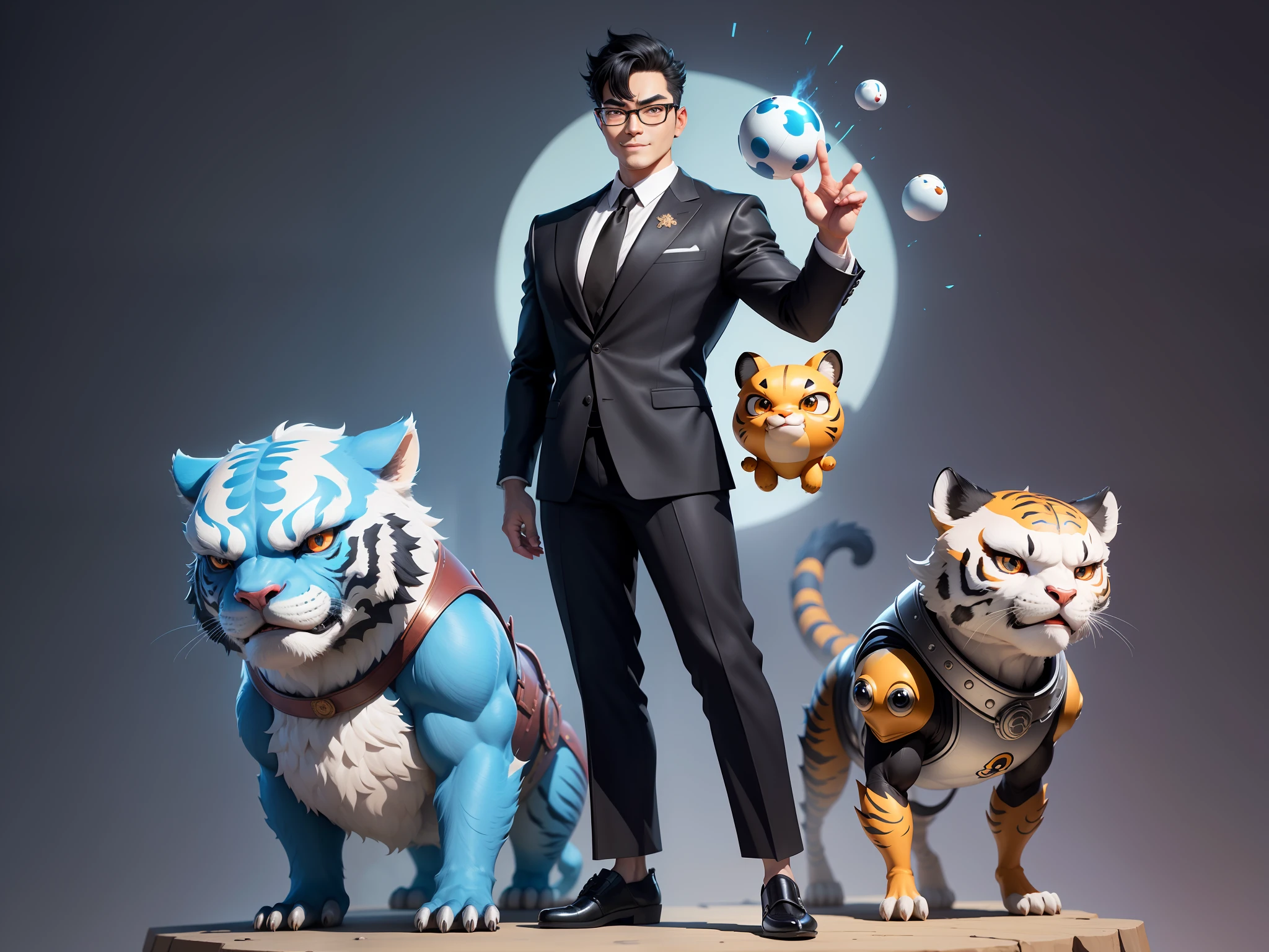 (Masterpiece), (Excellent), (Super Meticulous), (Full Body: 1.2), Super Young Man with Japanese Female Geisha, Pretty, Beautiful, Chinese Dragon, Tiger, Wind God Thor, Sexy, Bursting, Oriental Face, TV Anchor, Bust Portrait Illustration, Black Suit, Blue Tie, Slightly Chubby Face, Silver Glasses, Very Clean Face, No Beard on Chin, Black Super Short Hair, Black Eyes, Confident Smile, 3c Computer Sub-Products, iPad, iPhone, Digital Painting, 3D character design by Mark Clairedon and Pixar and Hayao Miyazaki and Akira Toriyama, the illustrations are HD illustrations in 4K resolution with highly detailed facial features and cartoon-style visuals.
