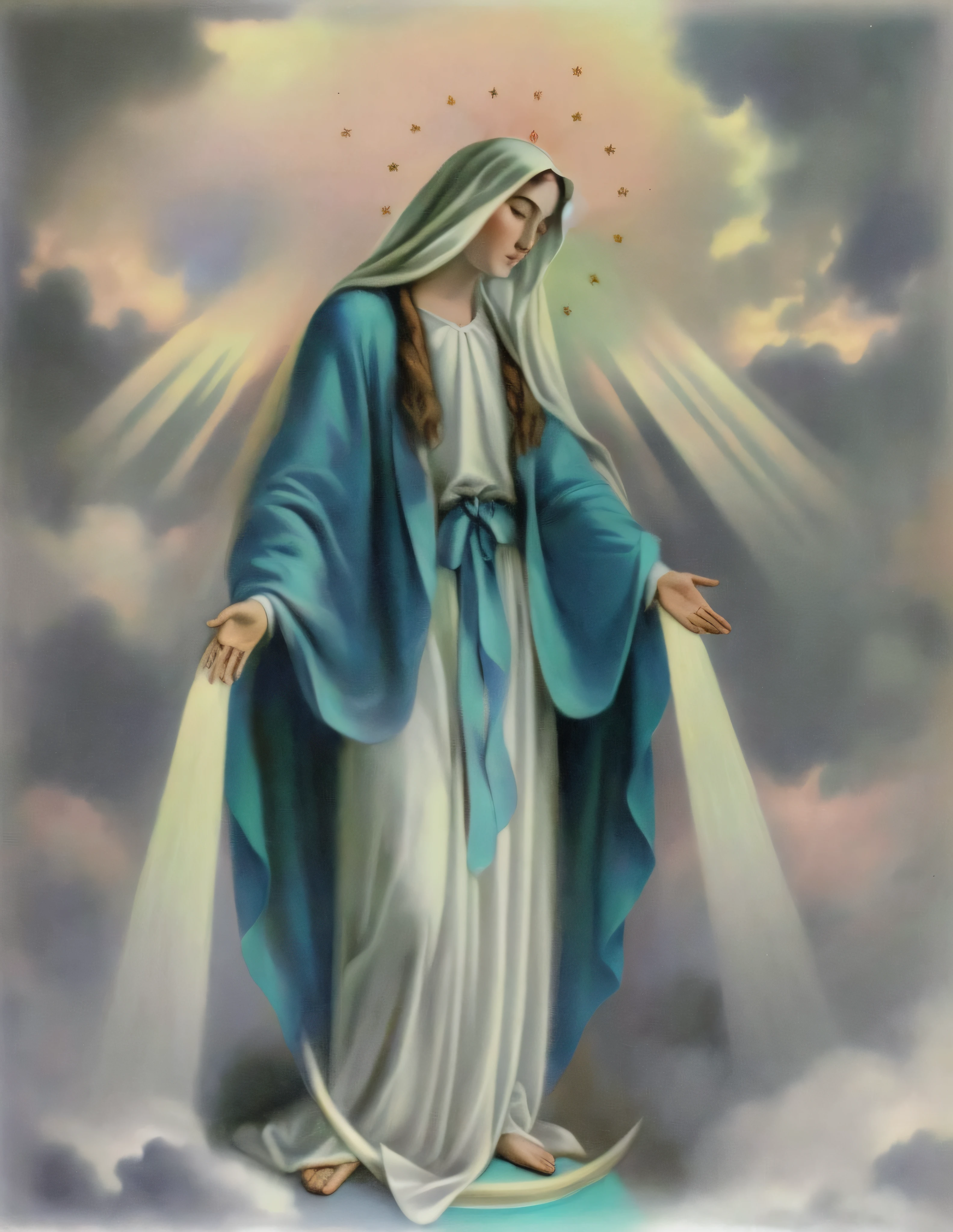 a painting of a woman in a blue robe with a halo, queen of heaven, Virgem Maria, majestosa mulher de santo, Retrato da Virgem Maria, santo e belo, mary in a sanctuary, catholic religious art, aura sagrada brilhante, Maria Devinat, divine ray over her head, imagens sagradas, aura santa, she is arriving heaven, Raios de Luz Sagrada Sagrada, raios sagrados