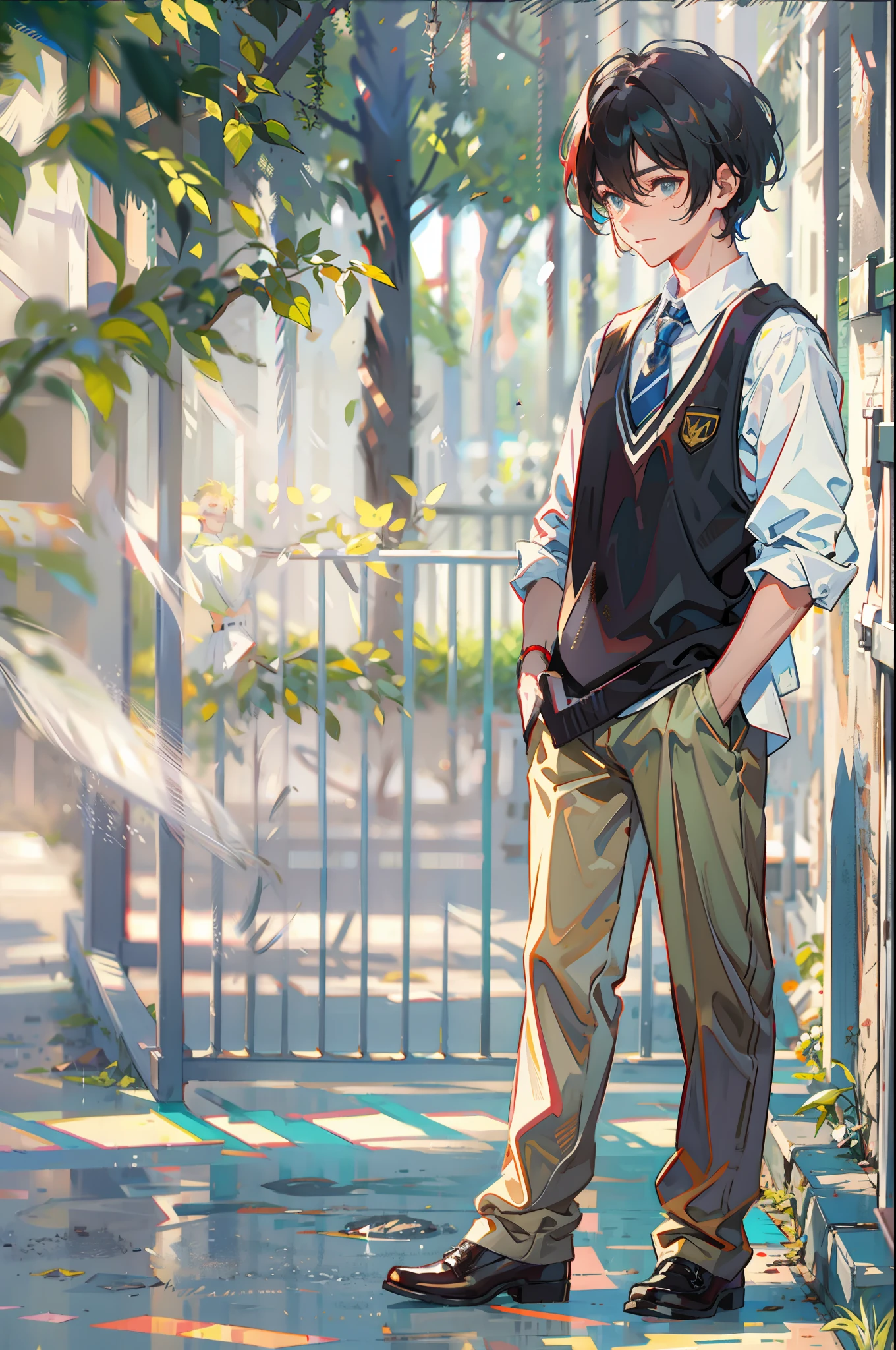 tmasterpiece， malefocus，1boys，1 male high school student，shoun，Young men，Looks to the side， Simple school uniform，white  shirt，tiese，trouser，white backgrounid， A faint smile，school ground，Playground guardrails，Background of details，Diffused sunlight，depth of fields，Background bokeh，（tmasterpiece，best qualtiy）