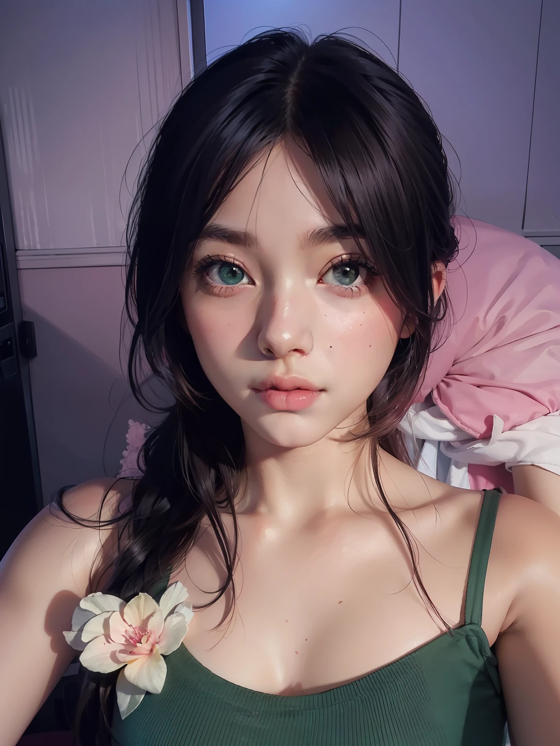 1girl, pink chair gaming, green tank top, detail face, detail body, 8k resolution, beutiful, pink lips