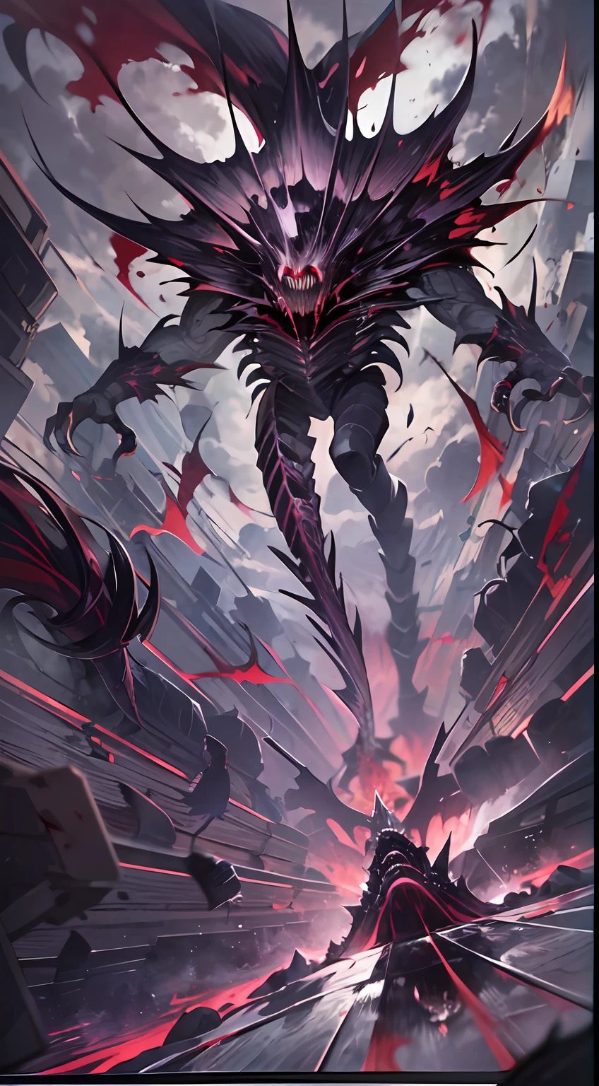 (Messenger from hell:1.4),Look up from the bottom up,hell,magma,火焰,(Purple flame:1.3),fresh blood on the ground,blood pond,Dripping blood,Skeleton remains,((Super huge, Thick and sharp giant claws)),(((Black antique hideous scales))),(((The scales are covered with thick barbs)))((Super thick and terrifying scales)),Black scales cover the whole body,((Bloodthirsty and murderous devil man)),combats,Ugly face,full body pov,Black lightning streaked across the sky,(((A tumbling thick sea of clouds is at your feet))),(There was blood everywhere),((Blood dripped from between the paws))stereoscopic perspective,Works of masters,super-fine,4K分辨率,high qulity,电影灯光,High picture detail,Detailed pubic hair,Epic shooting