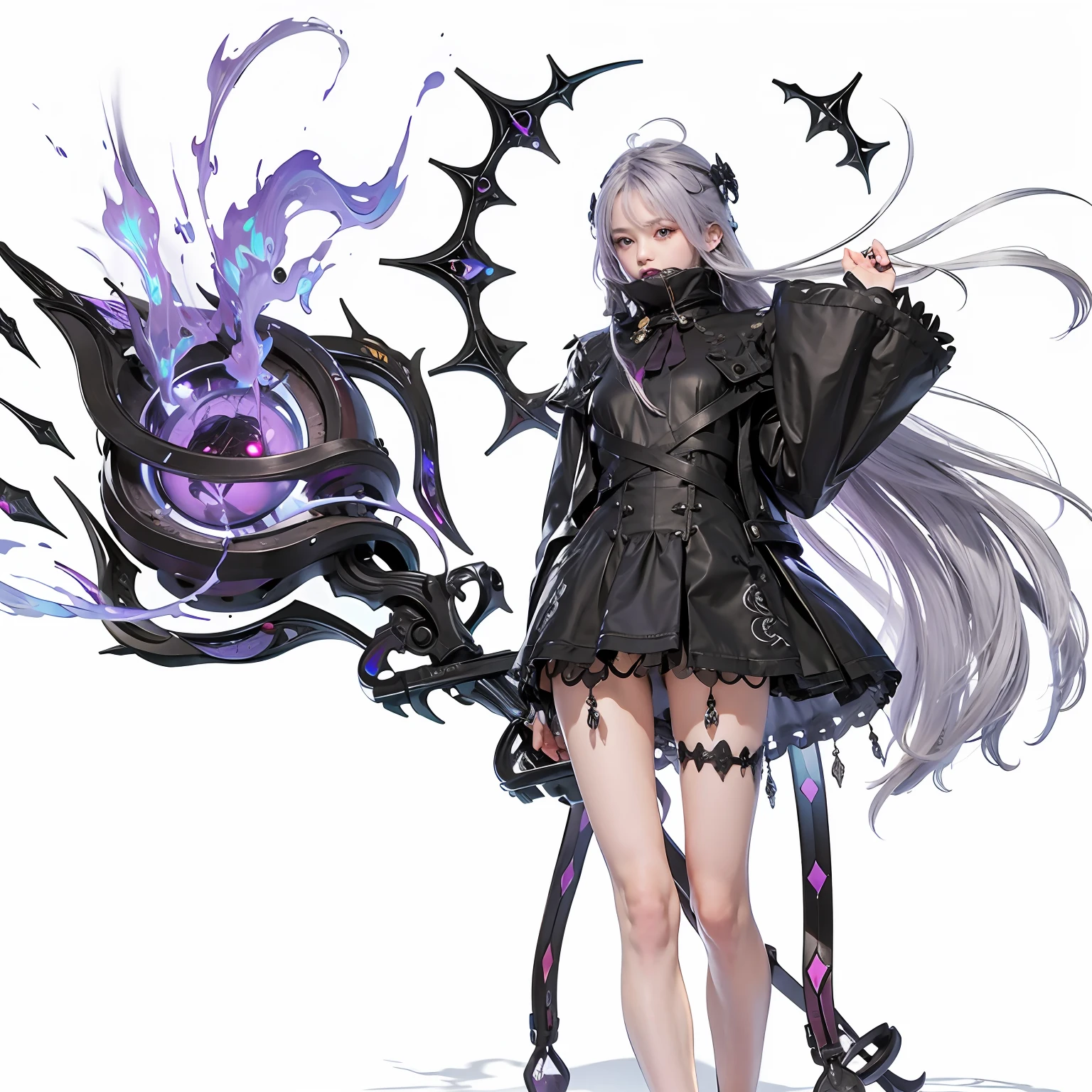 (Masterpiece:1.2), best quality, (illustration:1.2), (ultra-detailed), hyper details, (delicate detailed), (intricate details), (cinematic light, best quality Backlights), 1 girl with silver and purple hair and a black dress, lunar themed attire, blade and soul, black staff with purple orb