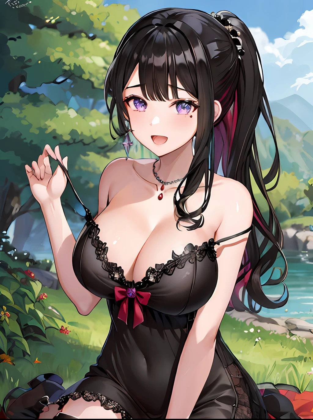 ​masterpiece, top-quality, hight resolution, HMKM1, poneyTail, Mole under the eyes, cleavage of the breast, jewely, a necklace, Hairsh, strap slip, blackdress, thigh strap, plein air, grassy, the woods, wariza, wave her hand, a smile, open open mouth,（Beautiful nipples:1.5）