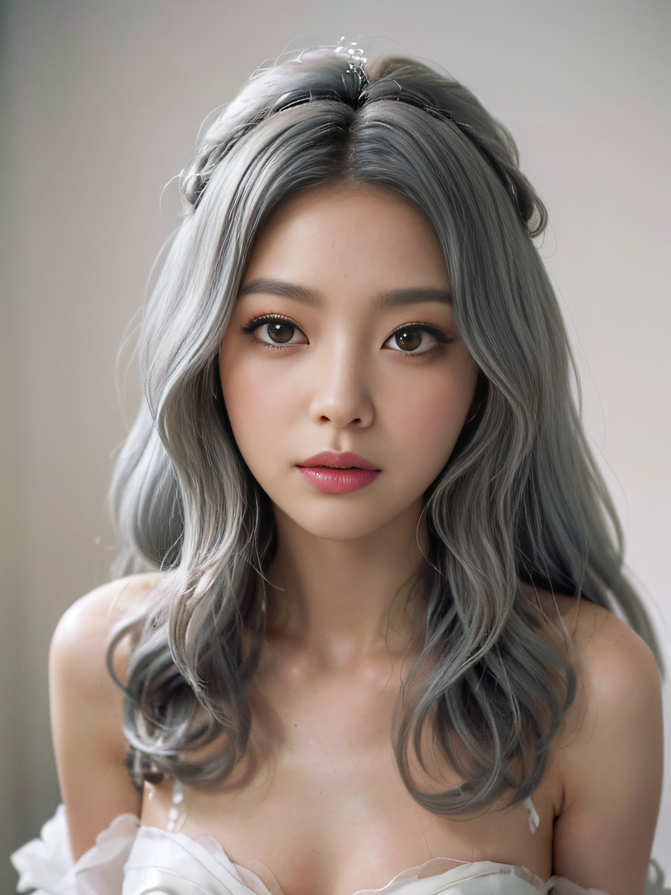 (grey hair, Soft Waves hair, blush, very much lip gloss, many eyelashes, upturned eyes), (photorealistic:1.2), a woman in white wedding dress, white bridal veil, natural lighting, blurred background, depth of field, intricate details, highly detailed, sharp focus, (high detailed skin:1.2), dynamicposes