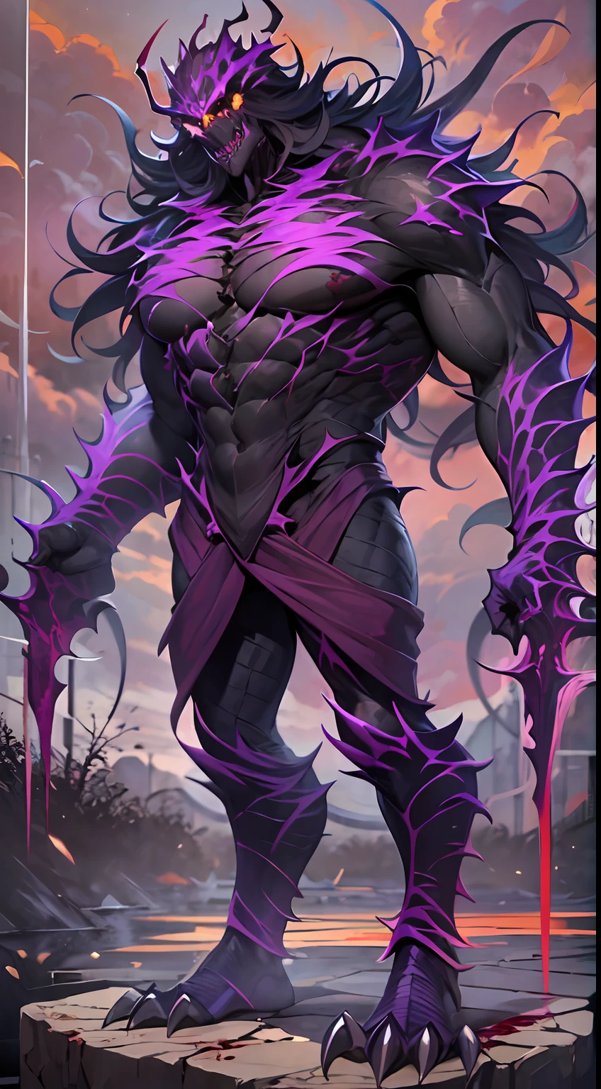 (Messenger from hell:1.4),Look up from the bottom up,hell,magma,火焰,(Purple flame:1.3),fresh blood on the ground,blood pond,Dripping blood,Skeleton remains,((Super huge, Thick and sharp giant claws)),(((Black antique hideous scales))),(((The scales are covered with thick barbs)))((Super thick and terrifying scales)),Black scales cover the whole body,((Bloodthirsty and murderous devil man)),combats,Ugly face,full body pov,Black lightning streaked across the sky,(((A tumbling thick sea of clouds is at your feet))),(There was blood everywhere),((Blood dripped from between the paws))stereoscopic perspective,Works of masters,super-fine,4K分辨率,high qulity,电影灯光,High picture detail,Detailed pubic hair,Epic shooting