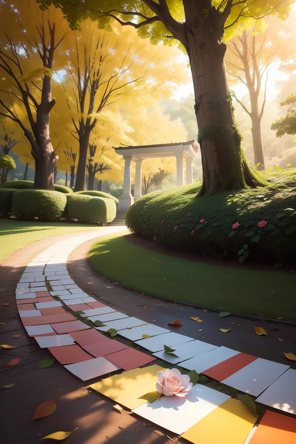 Um grande e lindo parque com muitas de rosas e arvores ao redor, com borboletas e beija-flores, complexidade intrincada, rule of thirds, sun sunset, tinta escura, luminescente, Artistic Station, arte conceitual, Arte Nova, Ilustrativos, Smooth and sharp focus Highly detailed, maximalista e realista.
