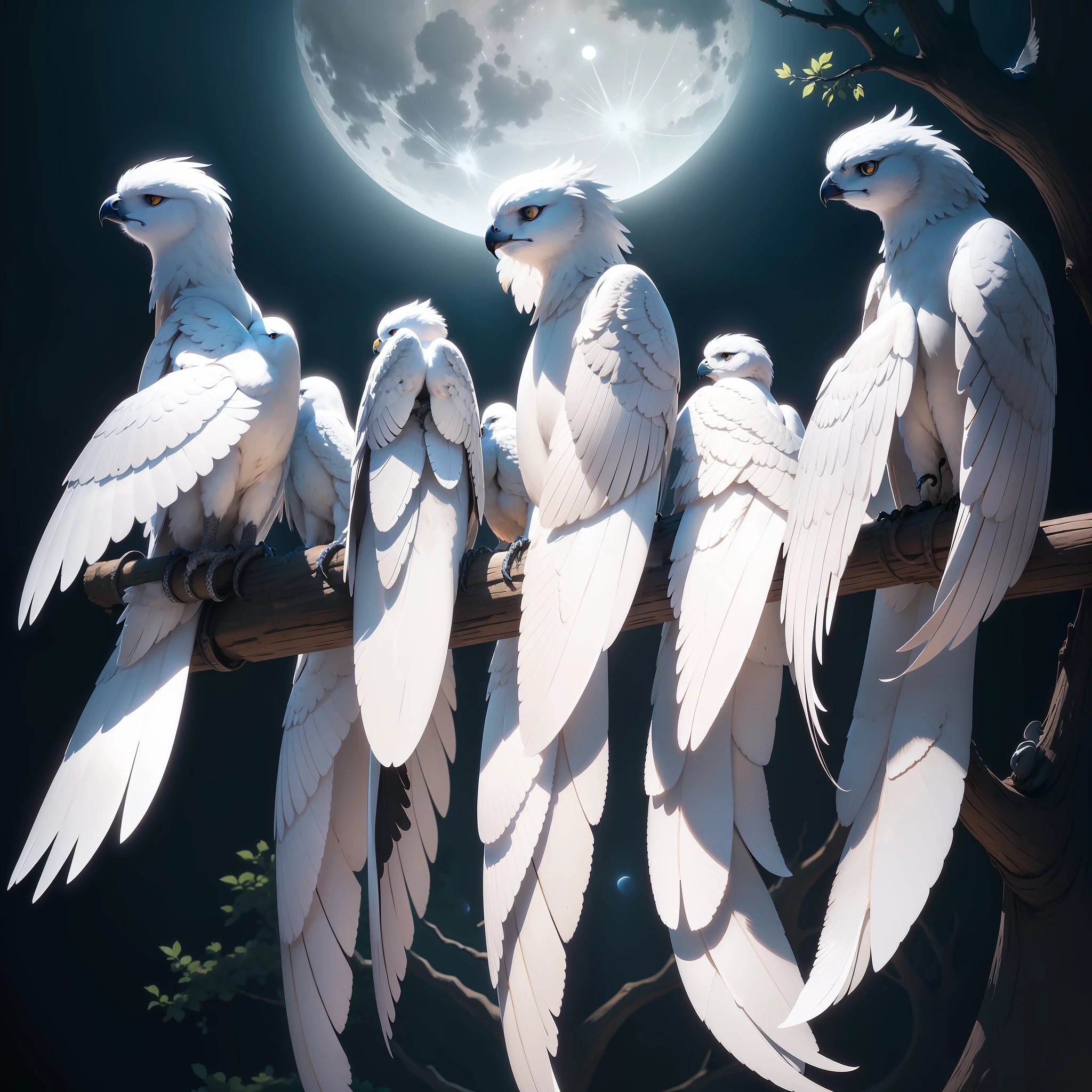 Five white falcons sitting in a tree without leaf.top.white moon. River background. 4k quality. Night dark. Zoom out.