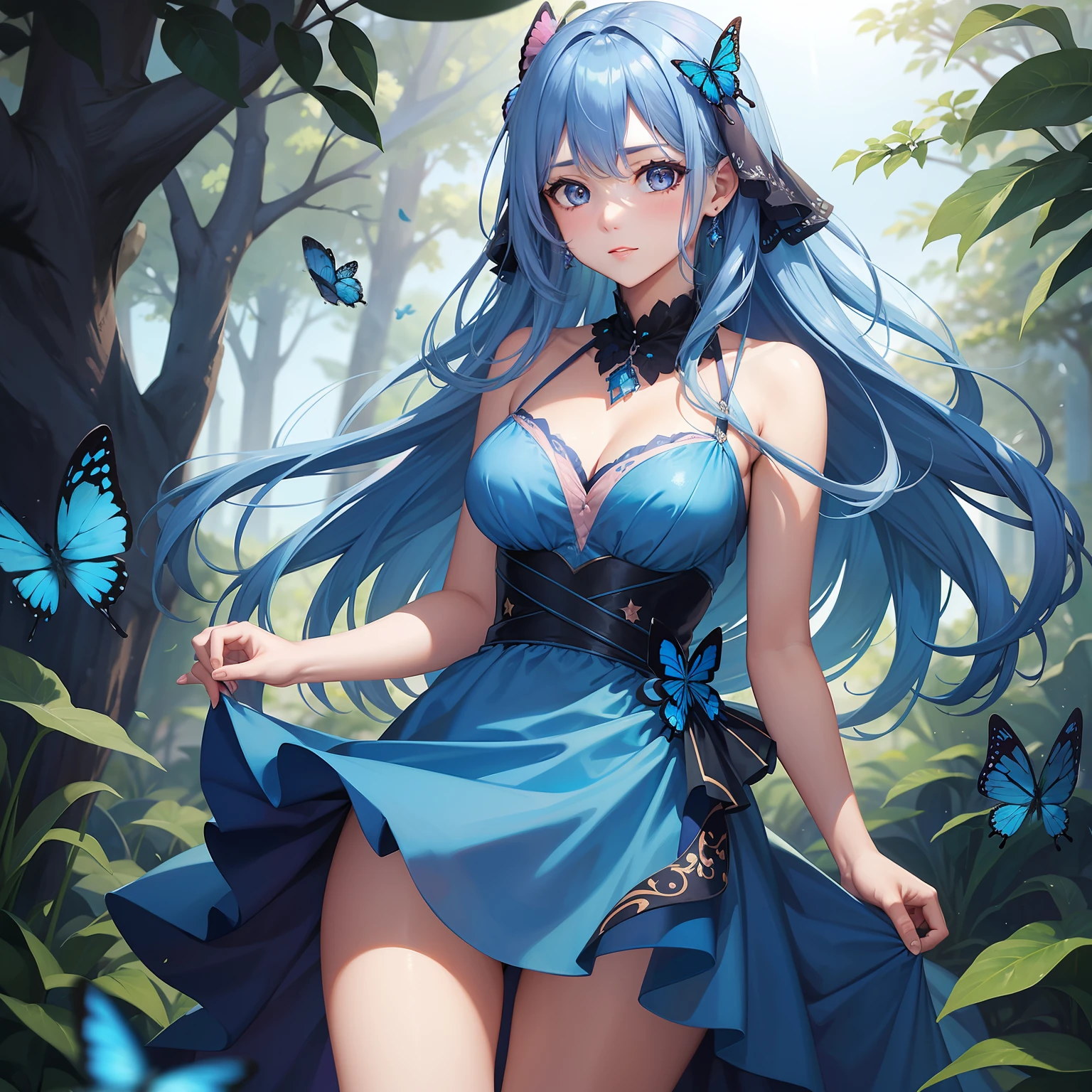 a women, blue butterfly, blue hair, pink eyes