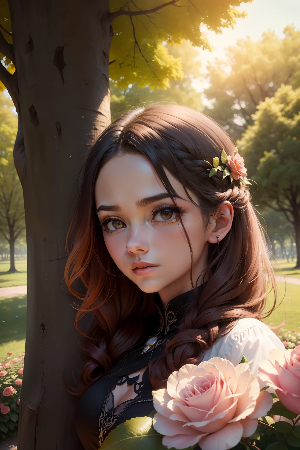 Um grande e lindo parque com muitas de rosas e arvores ao redor, com borboletas e beija-flores, complexidade intrincada, rule of thirds, sun sunset, tinta escura, luminescente, Artistic Station, arte conceitual, Arte Nova, Ilustrativos, Smooth and sharp focus Highly detailed, maximalista e realista.