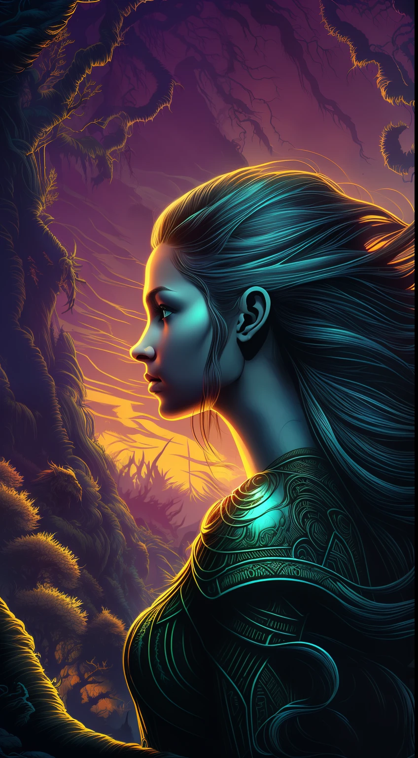 in profile (beautiful girl, 18 years old, looking at the horizon, with flowing dread hair:1.1) portrait, dark forest, waterfall, sunset, sharp symmetrical art art, dan mumford style, hdr, realism, dark fantasy atmosphere, lovecraft style, (JimJorCrafLogo art style:1.3), (near view),
