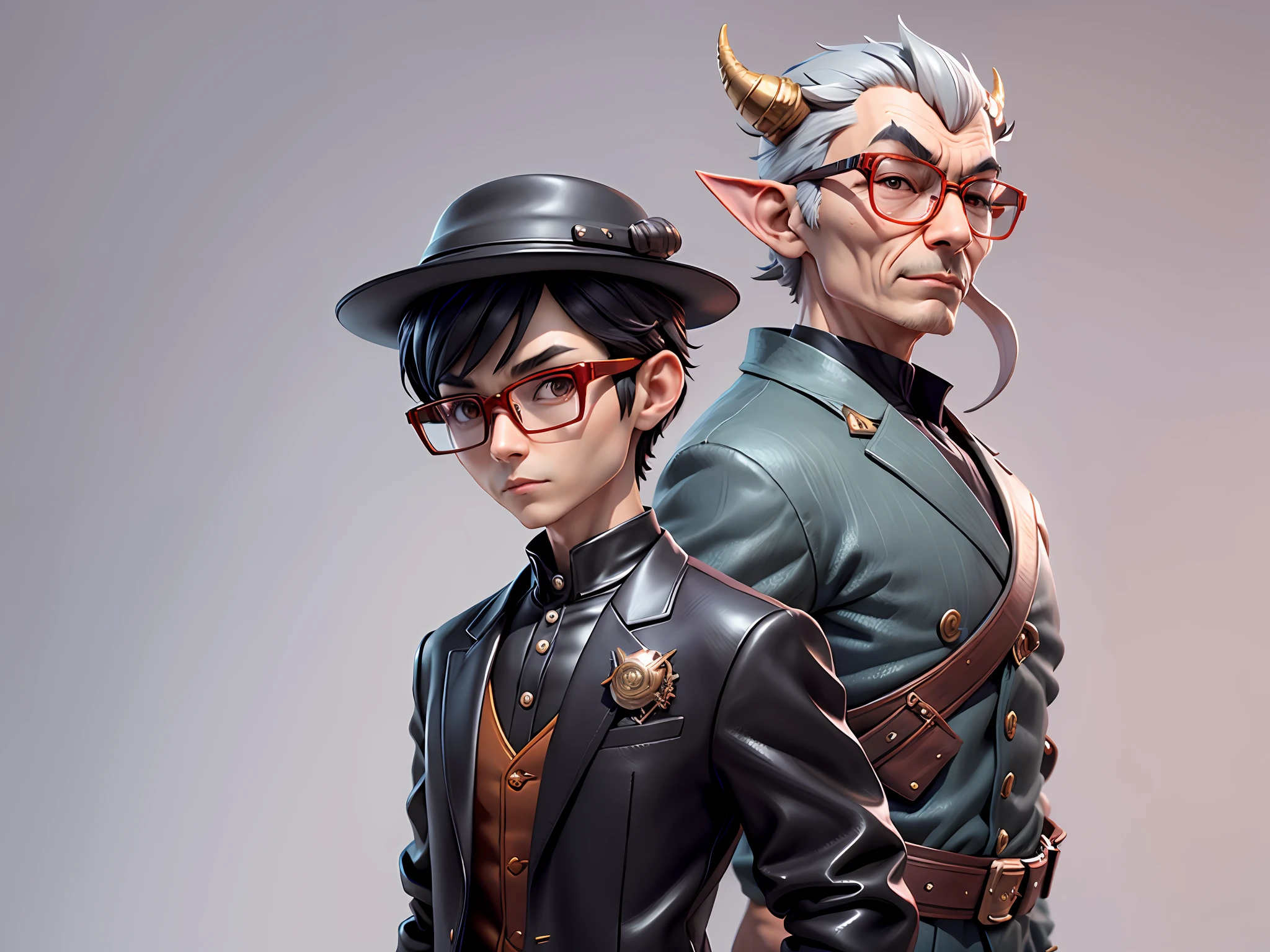 Young man with oriental face in leather hat, dragon, formal suit, short black hair, silver glasses, digital painting, 3D character design by Mark Clairedon and Pixar and Hayao Miyazaki and Akira Toriyama, the illustration is a high-definition illustration in 4K resolution with very detailed facial features and cartoon-style visuals.