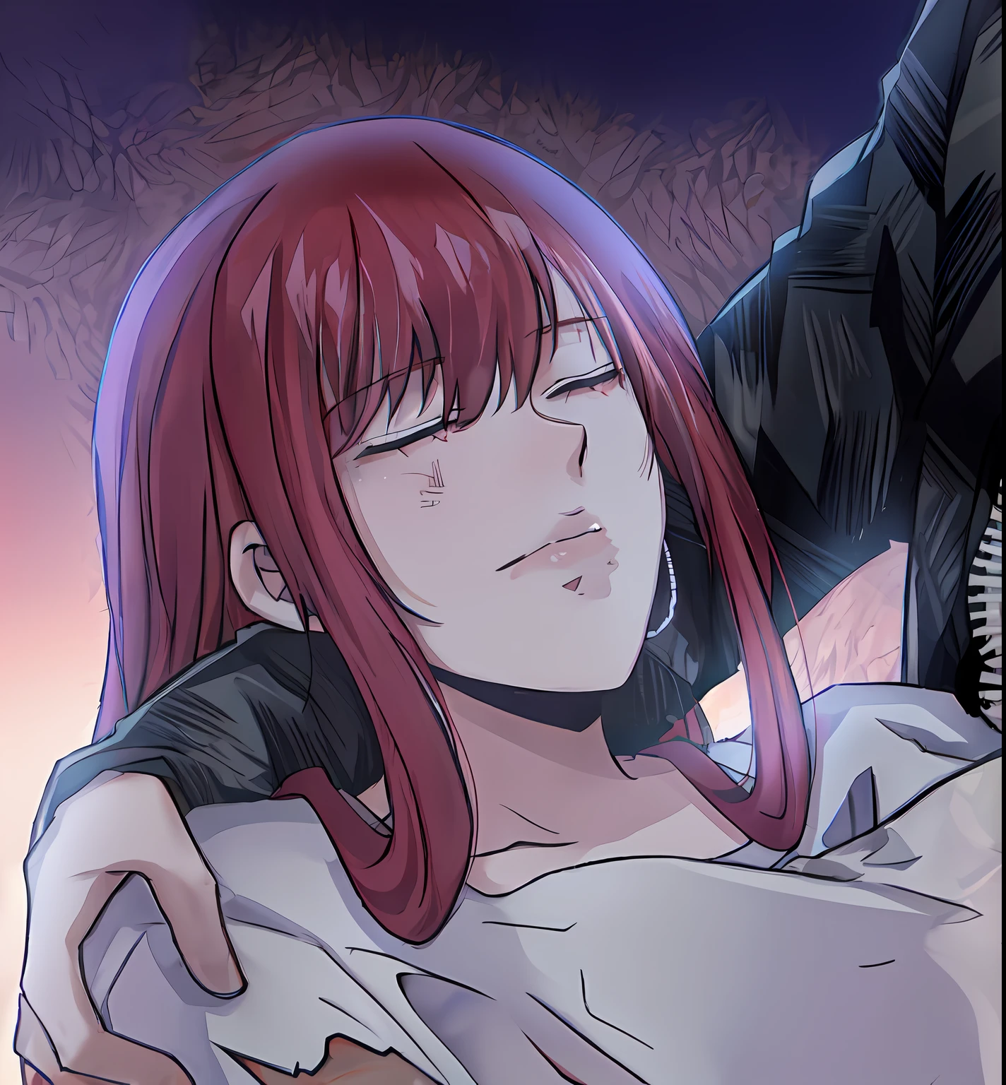 Anime image of red-haired woman embracing man, makise kurisu, kurisu makise, she has red hair, gapmoe yandere grimdark, akane owari danganronpa, bite her lip, noire moody scene, Marin Kitagawa fanart, erza scarlet as a real person, yayoi kasuma