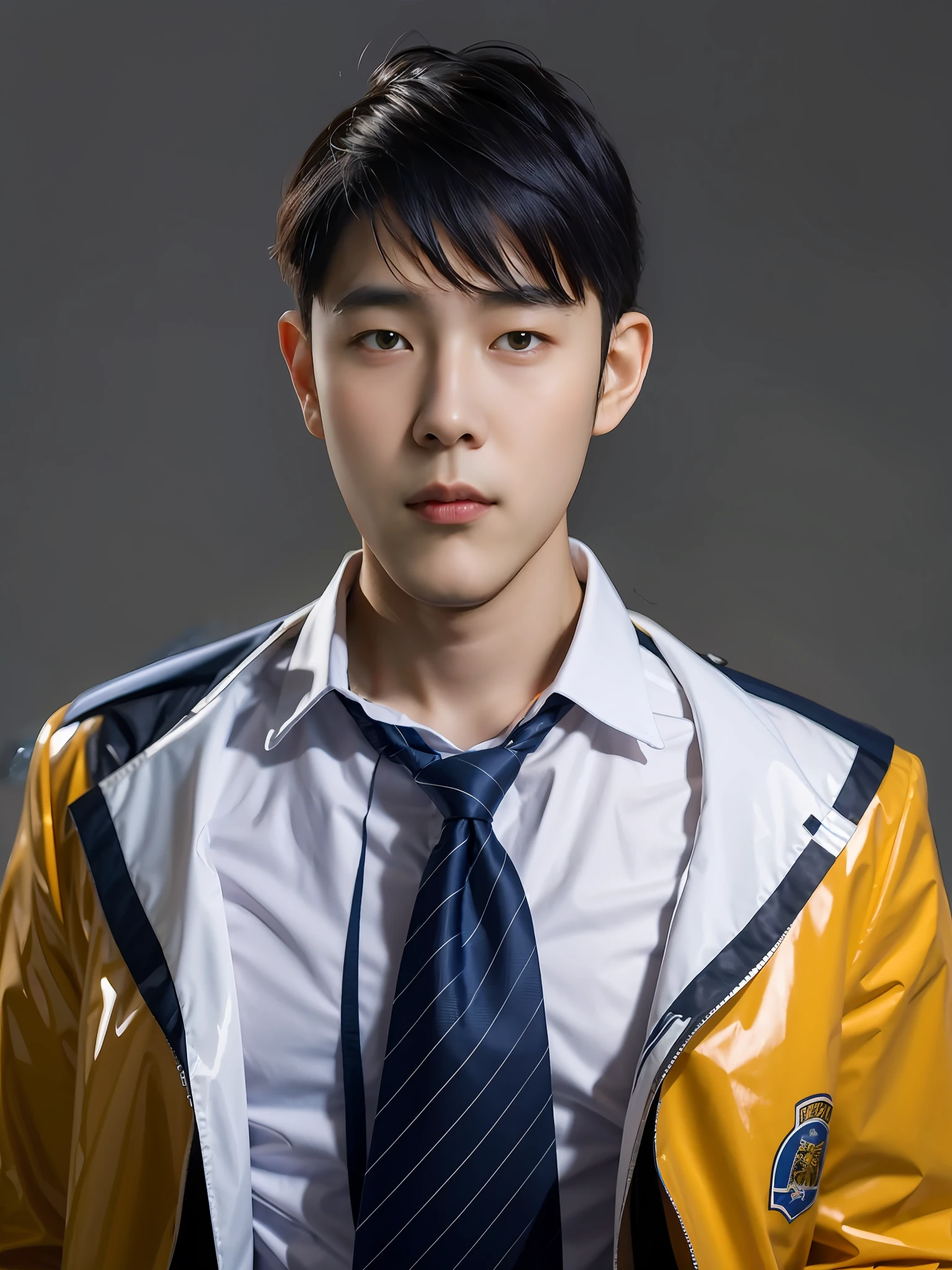 A Chinese male high school student,Wearing PVC Chinese high school uniform,Wear a tie