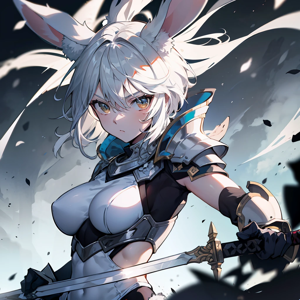 (highres, best quality), far from frame, depth of field, Adult female, (detailed, highly detailed), soft lighting, (color_contrast), short white hair, one side shaved, undercut hair style, brown eyes, rabbit ears, rabbit tail, fitted armor, full body armor, medium breasts, brandishing a sword: longsword, silver steel on cross guard, ornament pummel, holding hilt of the sword, (detailed hands), (detailed weapon), on a battlefield, looking fierce, looking determined, detailed eyes, cute, toned body, legs covered, muscular arms, surrounded by a malicious aura