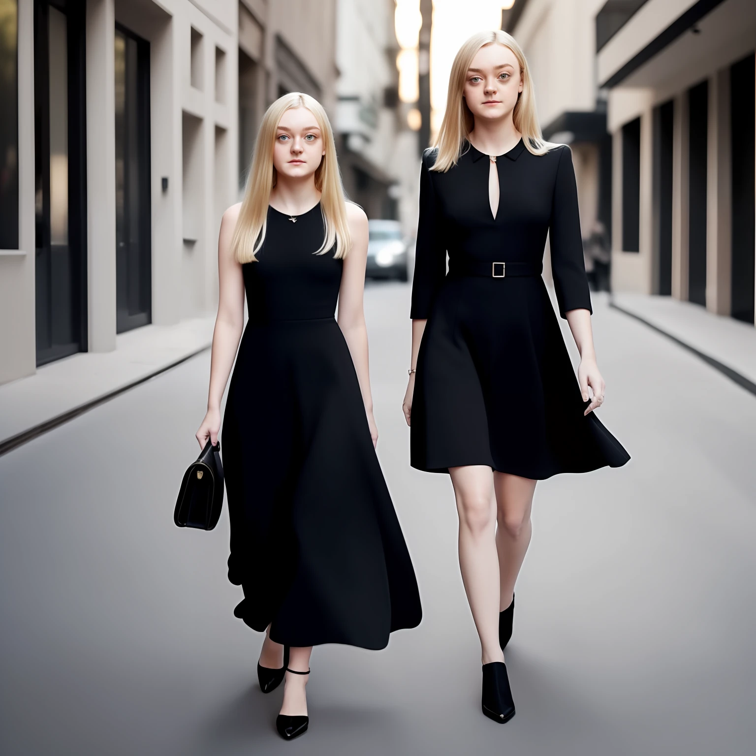 blond woman in black dress, standing at street, full body, dakota fanning, soft portrait shot 8 k, female portrait, james jean soft light 4k, james jean soft light 4 k, a still of an ethereal