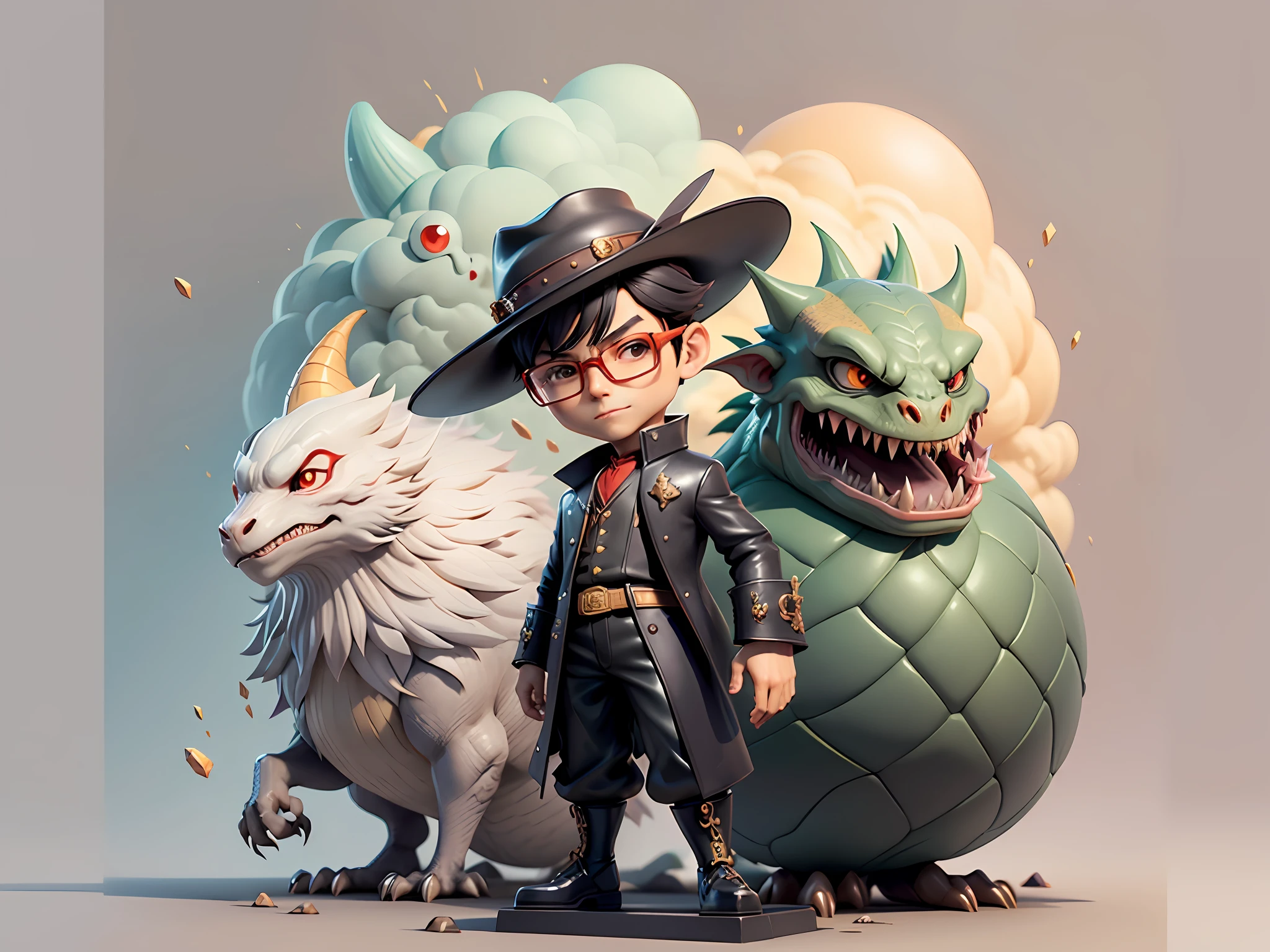 Young man with oriental face in leather hat, dragon, formal suit, short black hair, silver glasses, digital painting, 3D character design by Mark Clairedon and Pixar and Hayao Miyazaki and Akira Toriyama, the illustration is a high-definition illustration in 4K resolution with very detailed facial features and cartoon-style visuals.