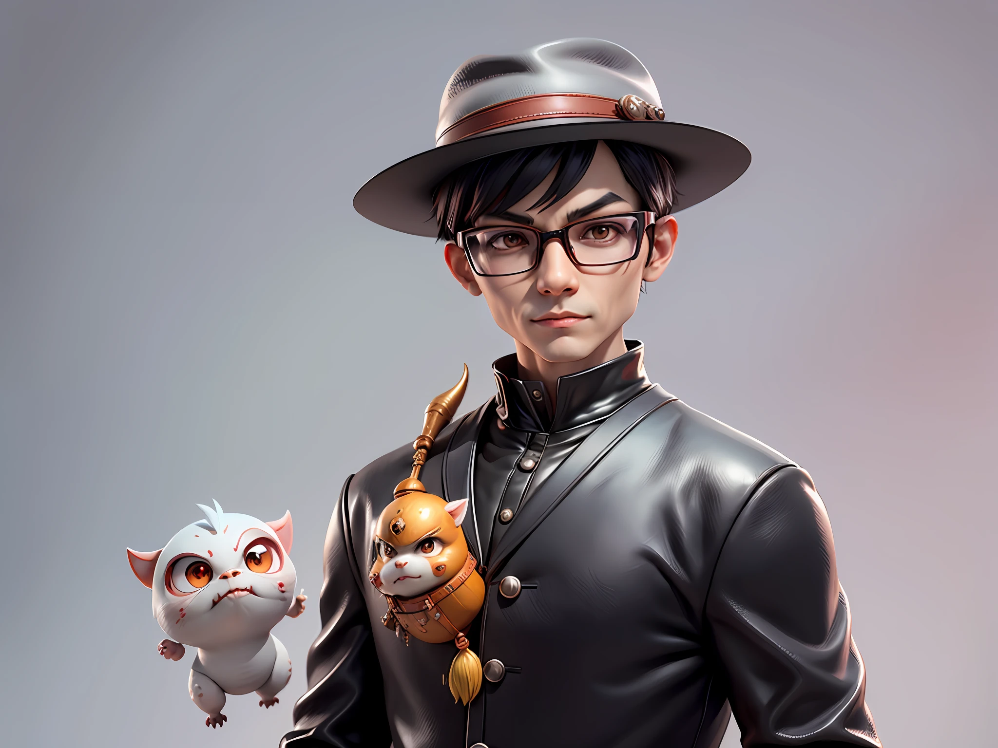 Young man with oriental face in leather hat, dragon, formal suit, short black hair, silver glasses, digital painting, 3D character design by Mark Clairedon and Pixar and Hayao Miyazaki and Akira Toriyama, the illustration is a high-definition illustration in 4K resolution with very detailed facial features and cartoon-style visuals.