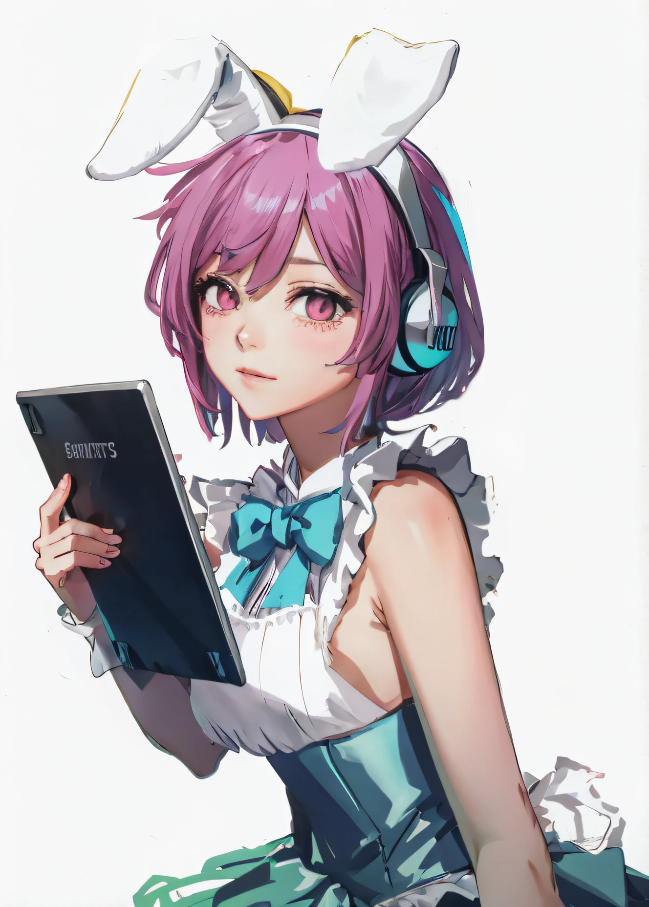 Pink anime girl holding tablet with rabbit ears,Dressed in elaborate maid attire，Beautiful gauze dress，Bring a gaming headset，Wear a beautiful dress，bunny tail，