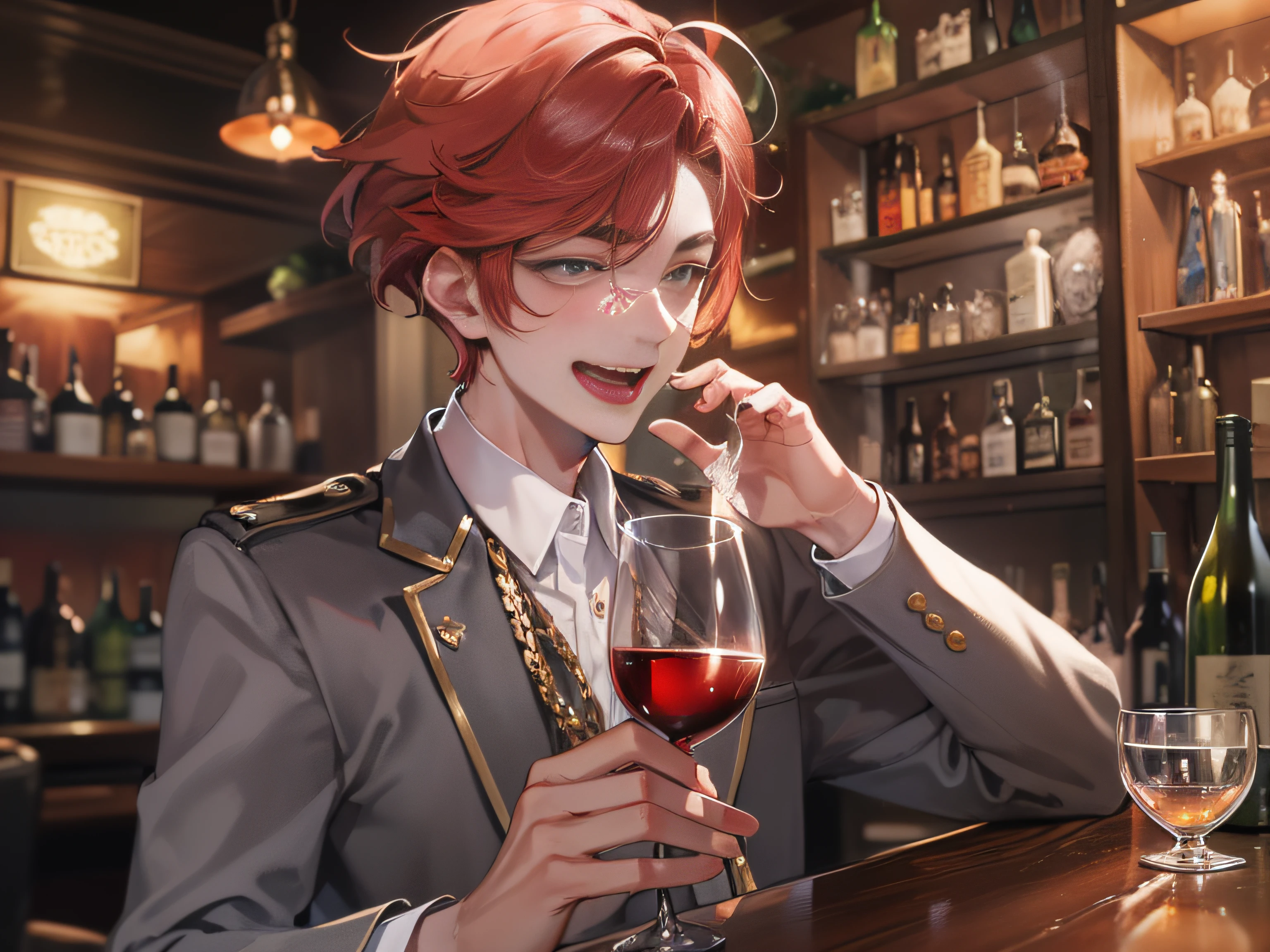 A 20-year-old boy with short red hair and a silver suit,,Holding a wine glass in his hand,Rampant laughter,Inside the bar,grand master,tmasterpiece,8k wallpaper,CG,Ultra-high image quality,light and shadow effect