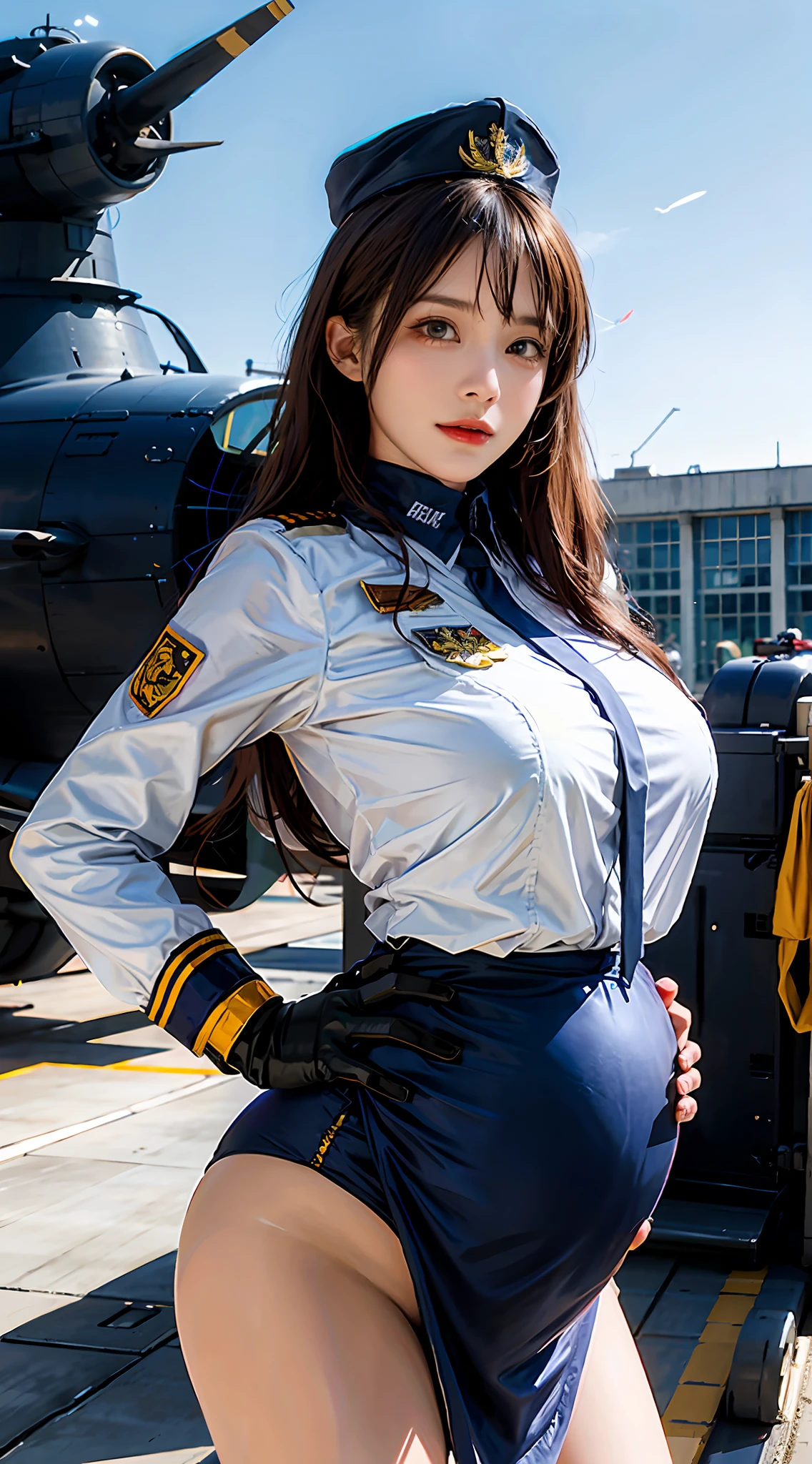 Arad woman standing in front of an airplane in military uniform，Inspired by the portrait of Jill Elfgren，tumblr，dreamlike realism，girl with warship parts，Pilot costume，perfect military composure，Wear a full military uniform，cute pilot girl，pilot girl，in a soldier uniform，military girl，Charming and seductive，70's jetfighter pilot girl，Korean female fashion model，Good hips and long legs，pregnant belly，Pregnant belly