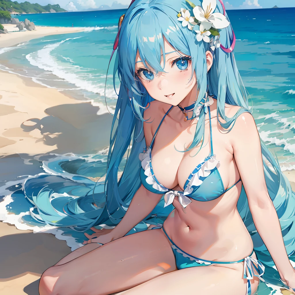 Blue hair anime girl sitting on the beach in bikini, Seductive Anime Girl, Mikudayo, Beautiful anime girl, Wallpaper Anime Blue Water, realistic bikini, 4k anime wallpaper, Beautiful anime, ultra hd anime wallpaper, beautiful anime woman, charming anime girls, Miku, Blue Bikini, in beach, beautiful blue haired girl, anime style 4 k