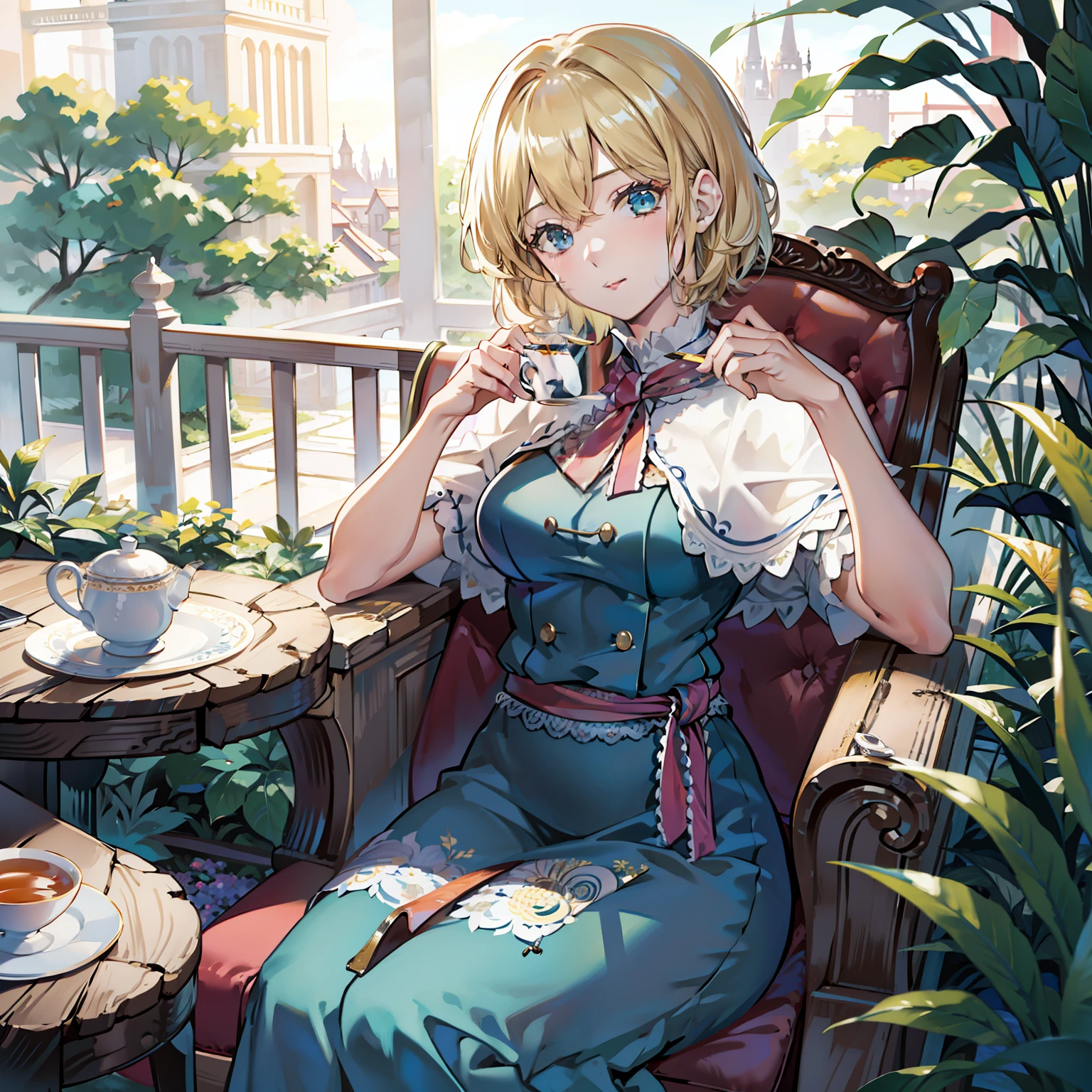 Illustration of Alice Margatroyd sitting on a chair, masutepiece, Fine detail, 4K, 8K, 12K, Solo, One Person, Beautiful Girl, caucasian female, Alice Margatroyd drinking tea, Blonde, medium breasts, Western Terrace, Botanical Garden