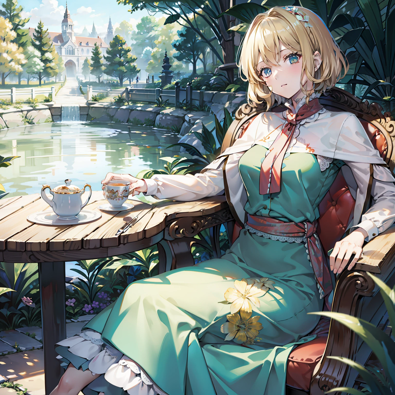 Illustration of Alice Margatroyd sitting on a chair, masutepiece, Fine detail, 4K, 8K, 12K, Solo, One Person, Beautiful Girl, caucasian female, Alice Margatroyd drinking tea, Blonde, medium breasts, Western Terrace, Botanical Garden