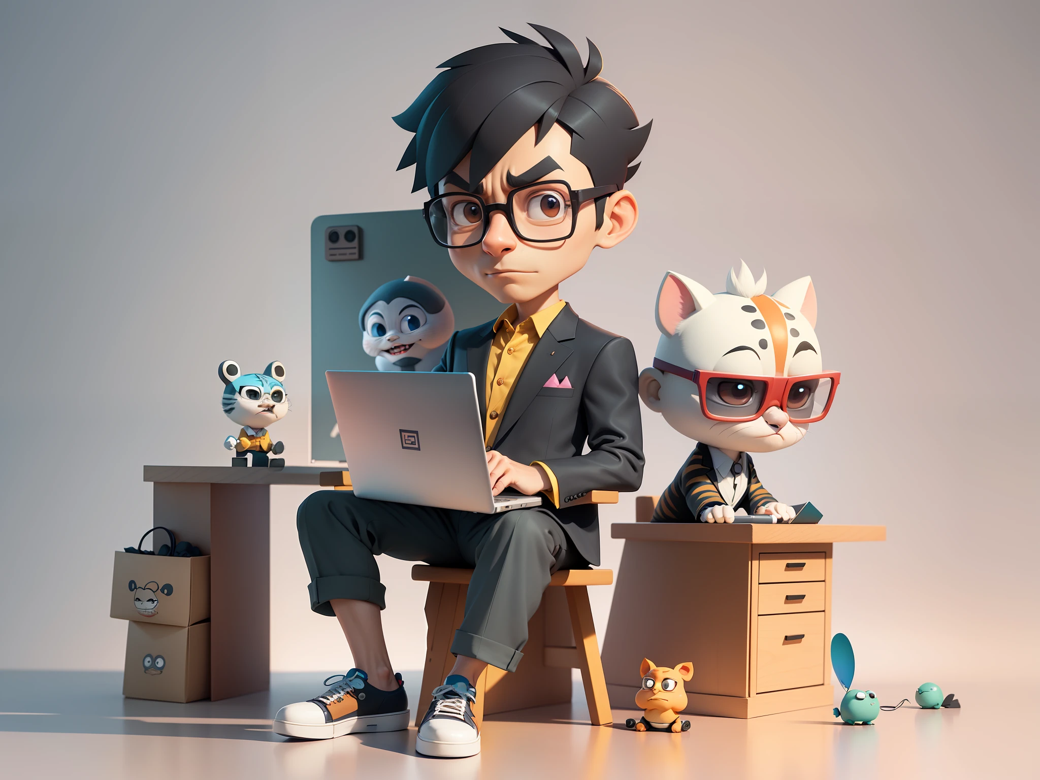 A young man in a suit and pants, Short hair and glasses sat at his desk,holding laptop,digitial painting,tigre,3D character design by Mark Clairen and Pixar and Hayao Miyazaki and Akira Toriyama,4K HD illustration,Very detailed facial features and cartoon-style visuals。